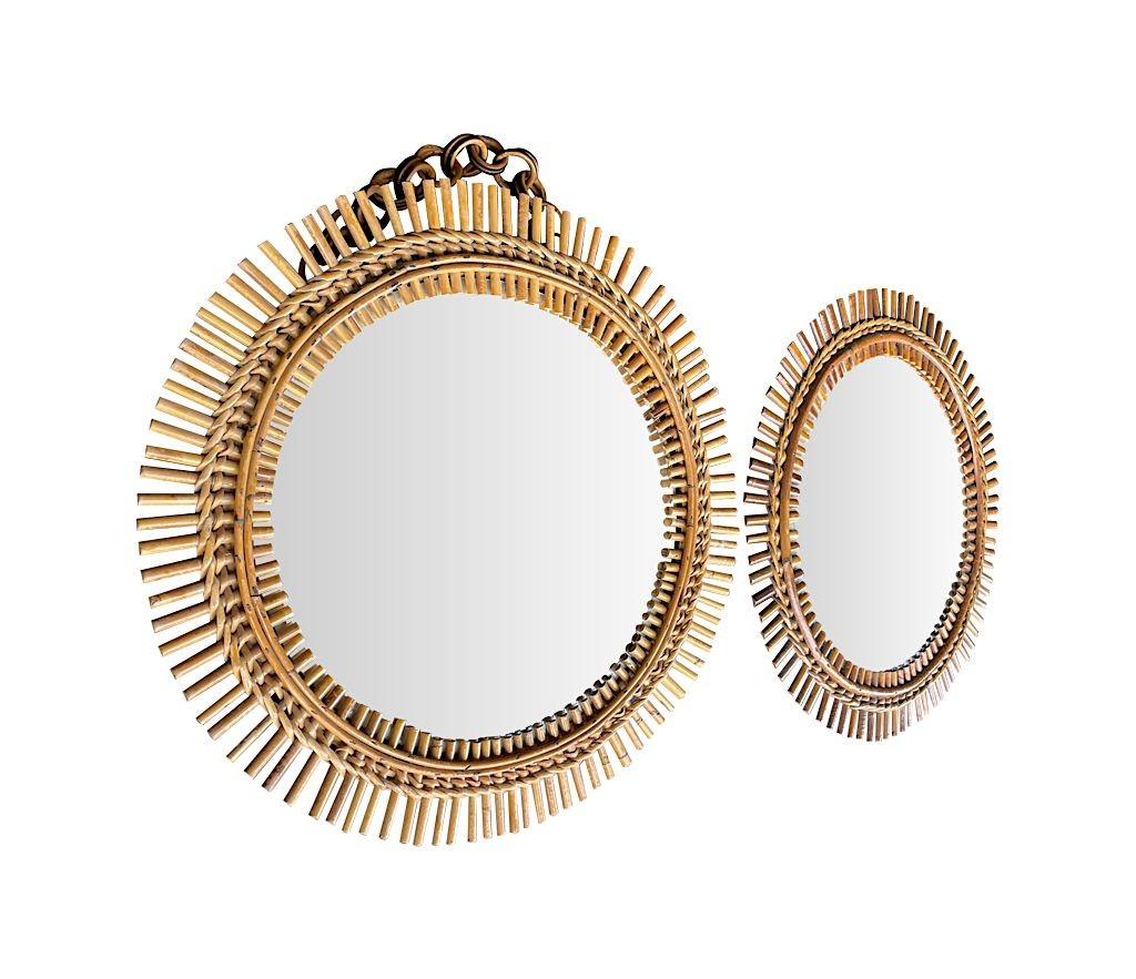 A pair of orignal 1970s Vittorio Bonacina split cane bamboo mirrors, both with bamboo hanging chain and orignal plates.