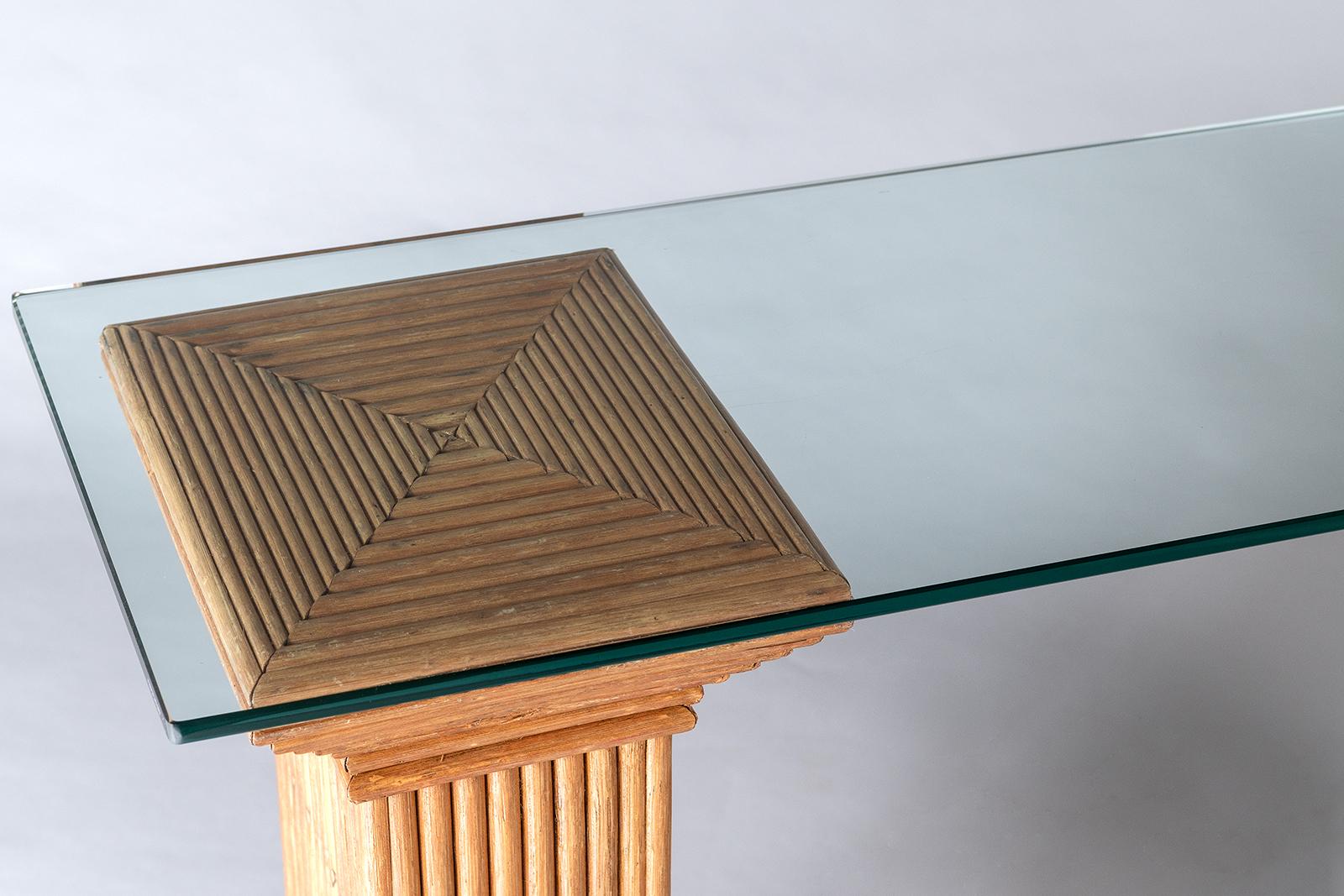20ième siècle Paire de piédestaux en rotin et bambou Vivai del Sud  Table console en verre en vente
