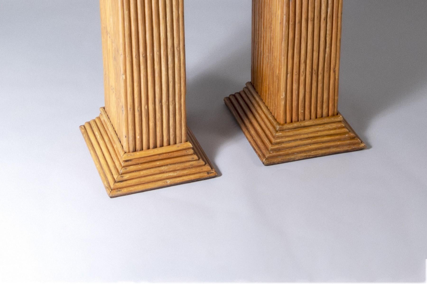 A Pair of Vivai del Sud Rattan Bamboo Pedestals  Glass Top Console Table For Sale 2