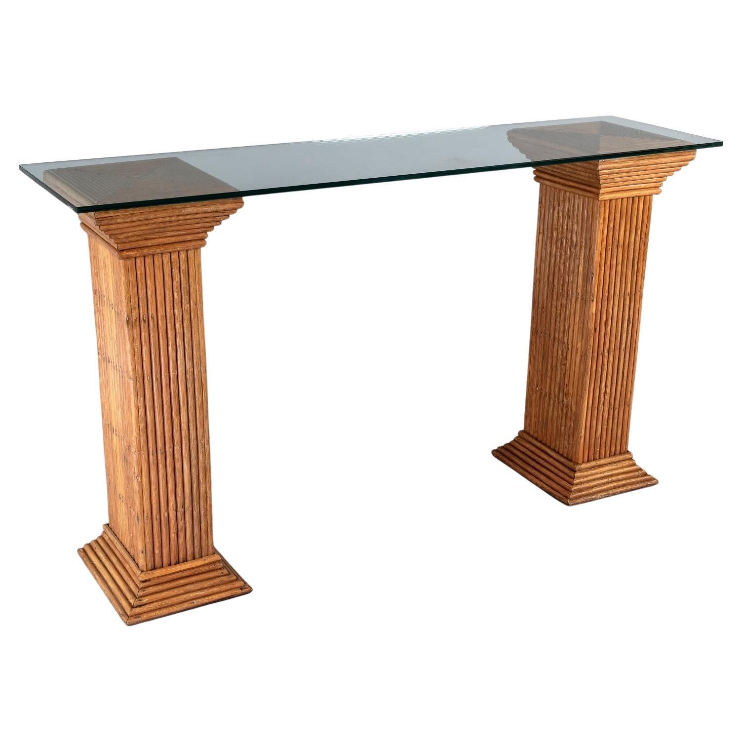 A Pair of Vivai del Sud Rattan Bamboo Pedestals  Glass Top Console Table For Sale