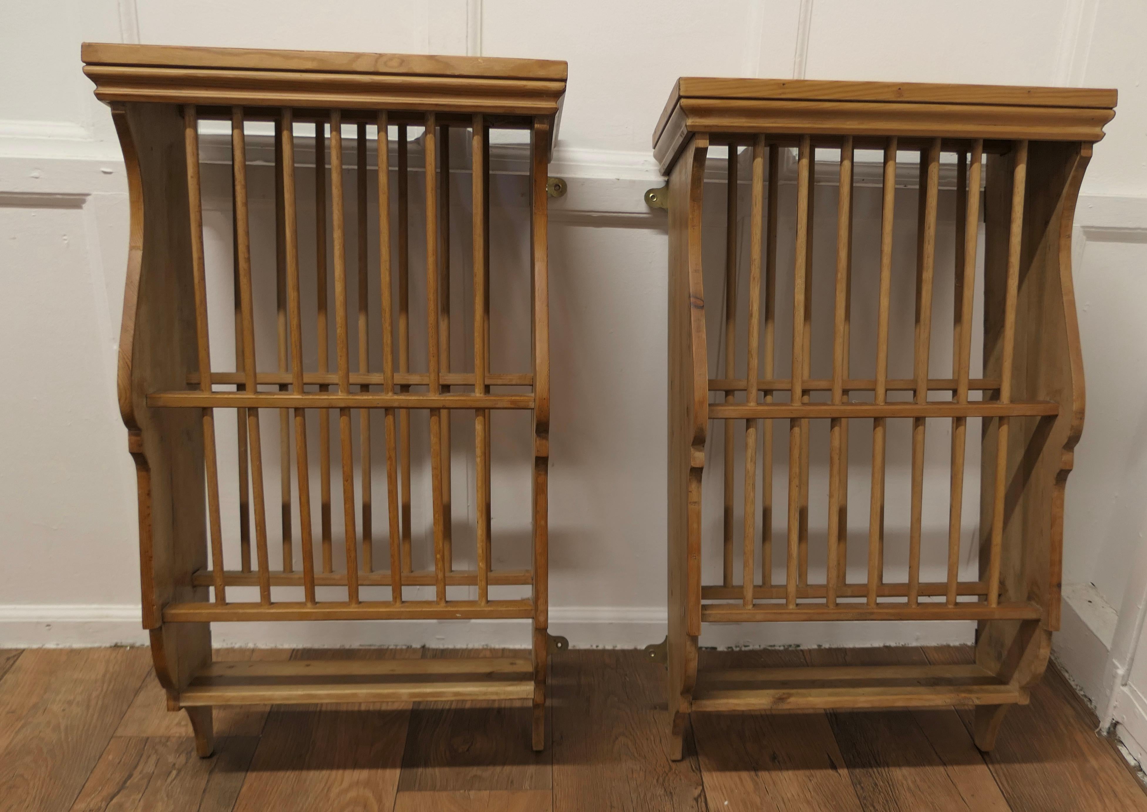 Mid-Century Modern Pair of Wall Hanging Pine Plate Racks These Useful Pieces Hang on the Wall For Sale