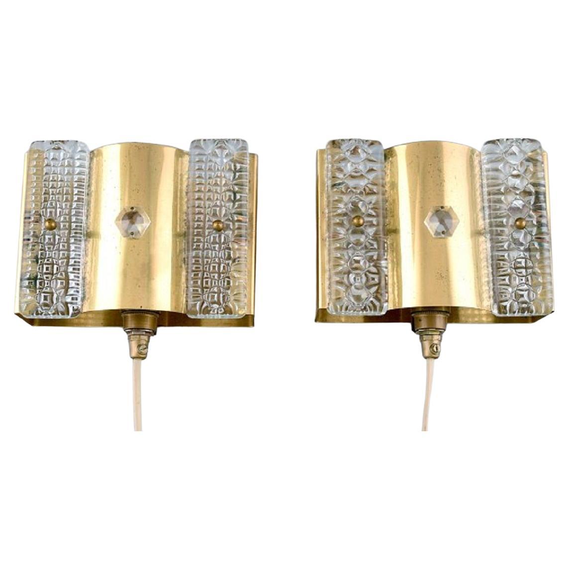 Pair of Wall Lamps Made of Brass and Art Glass, Danish Design, 1970s For Sale