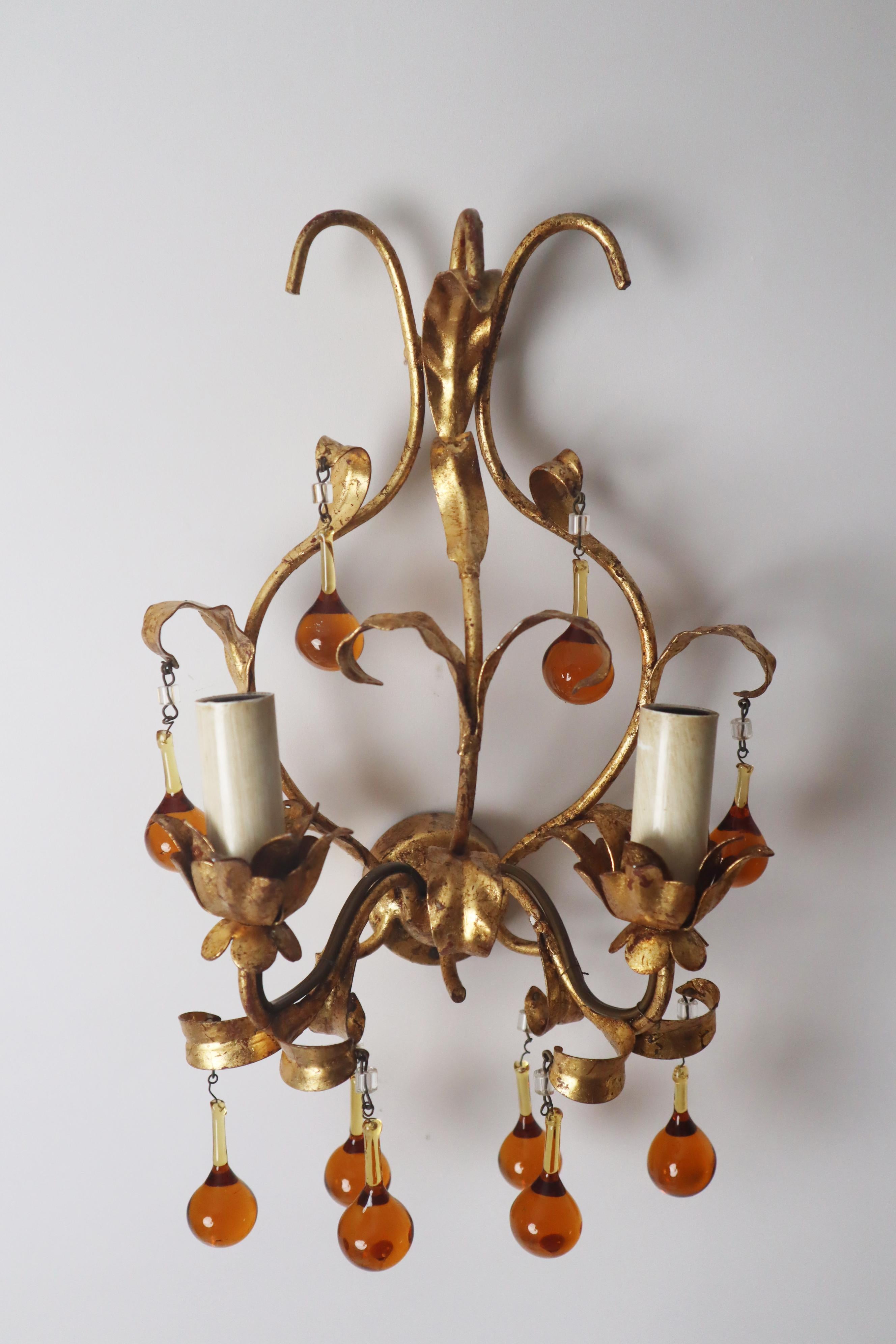 Mid-20th Century A pair of wall lamps with dropping crystal glass. italy, 1960s For Sale