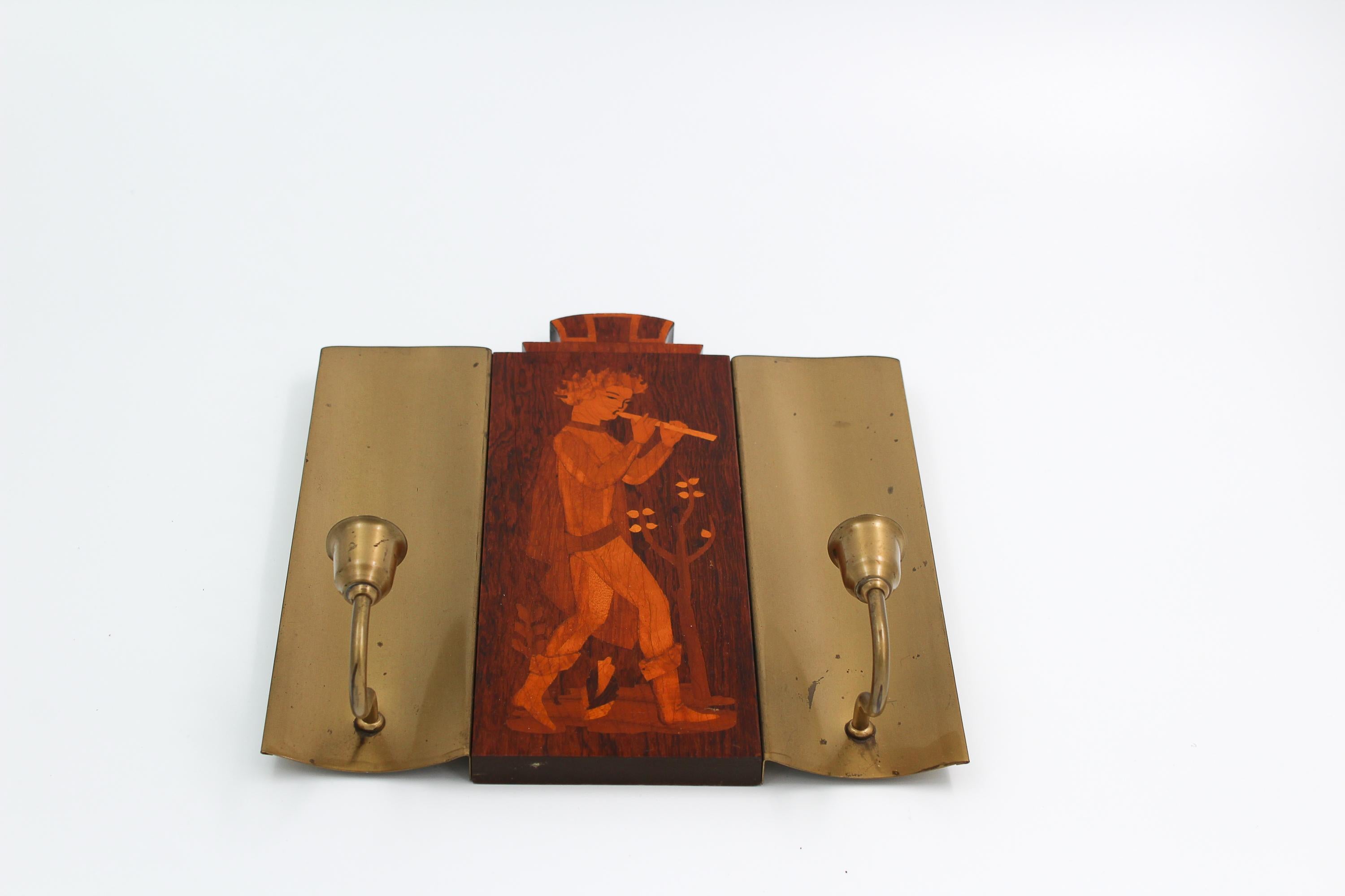 Wood Pair of Wall Scones by Mjölby Intarsia, Sweden For Sale