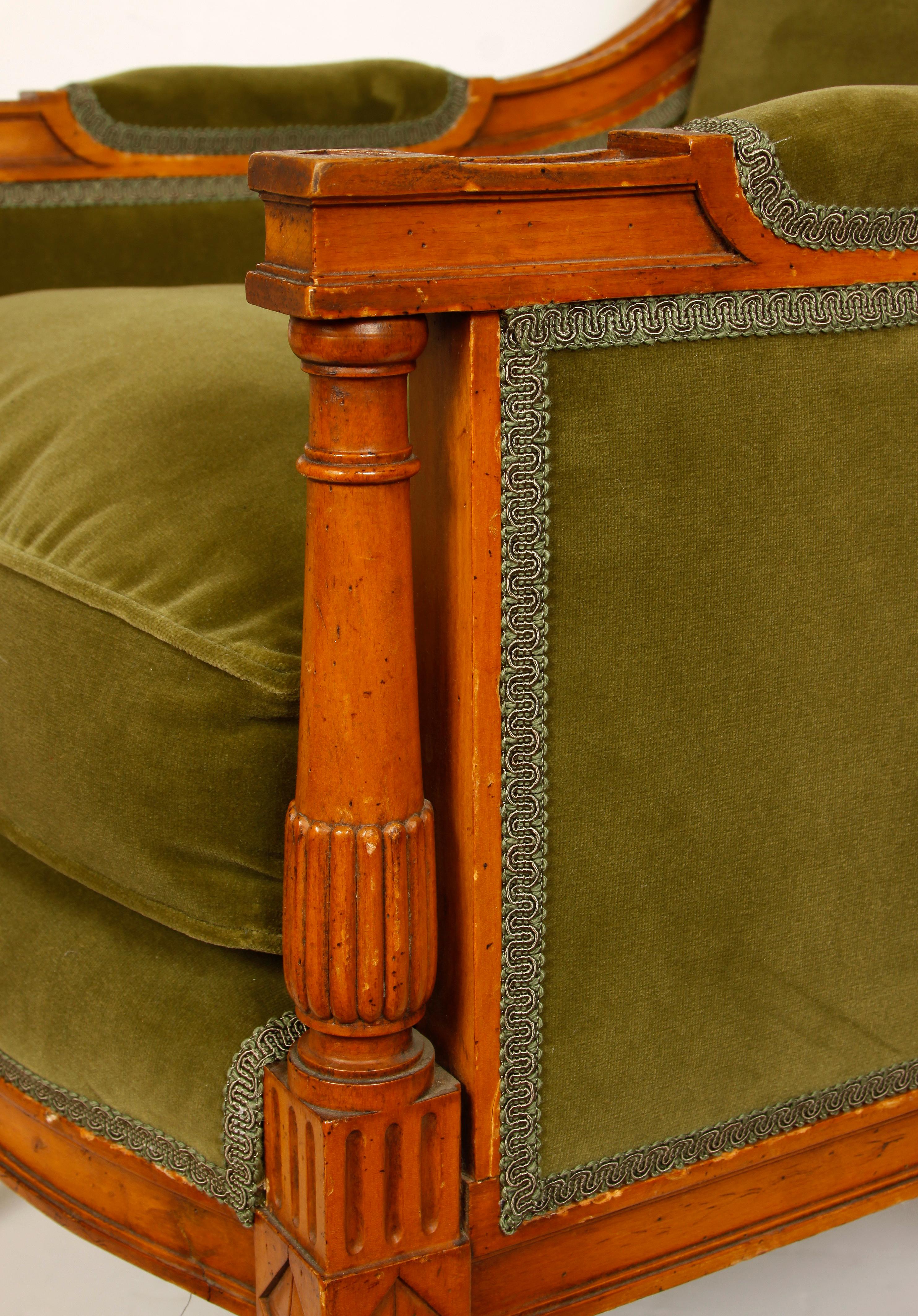 Directoire Pair of Walnut and Green Velvet Bergères