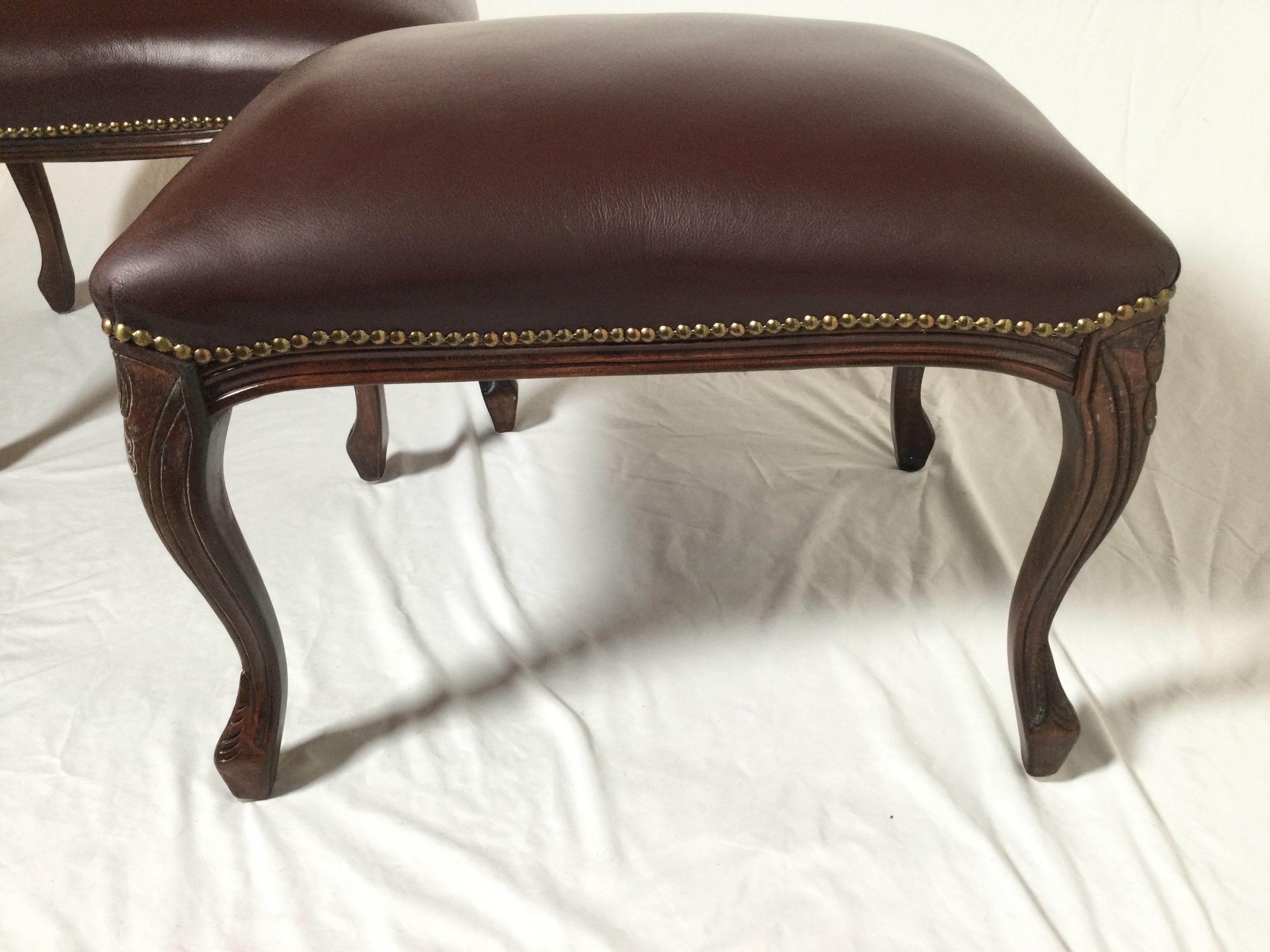 American Pair of Walnut and Leather Benches