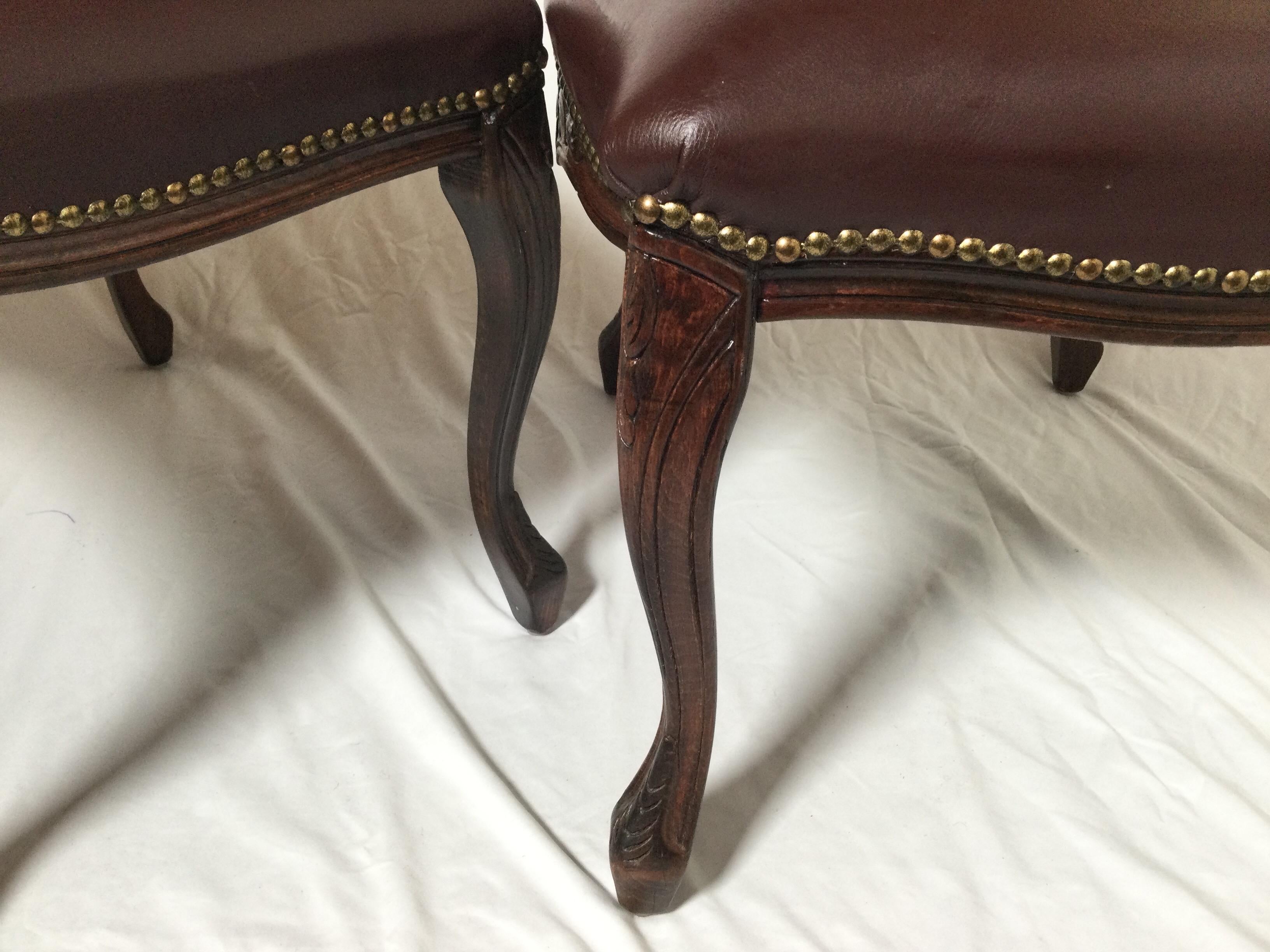 20th Century Pair of Walnut and Leather Benches