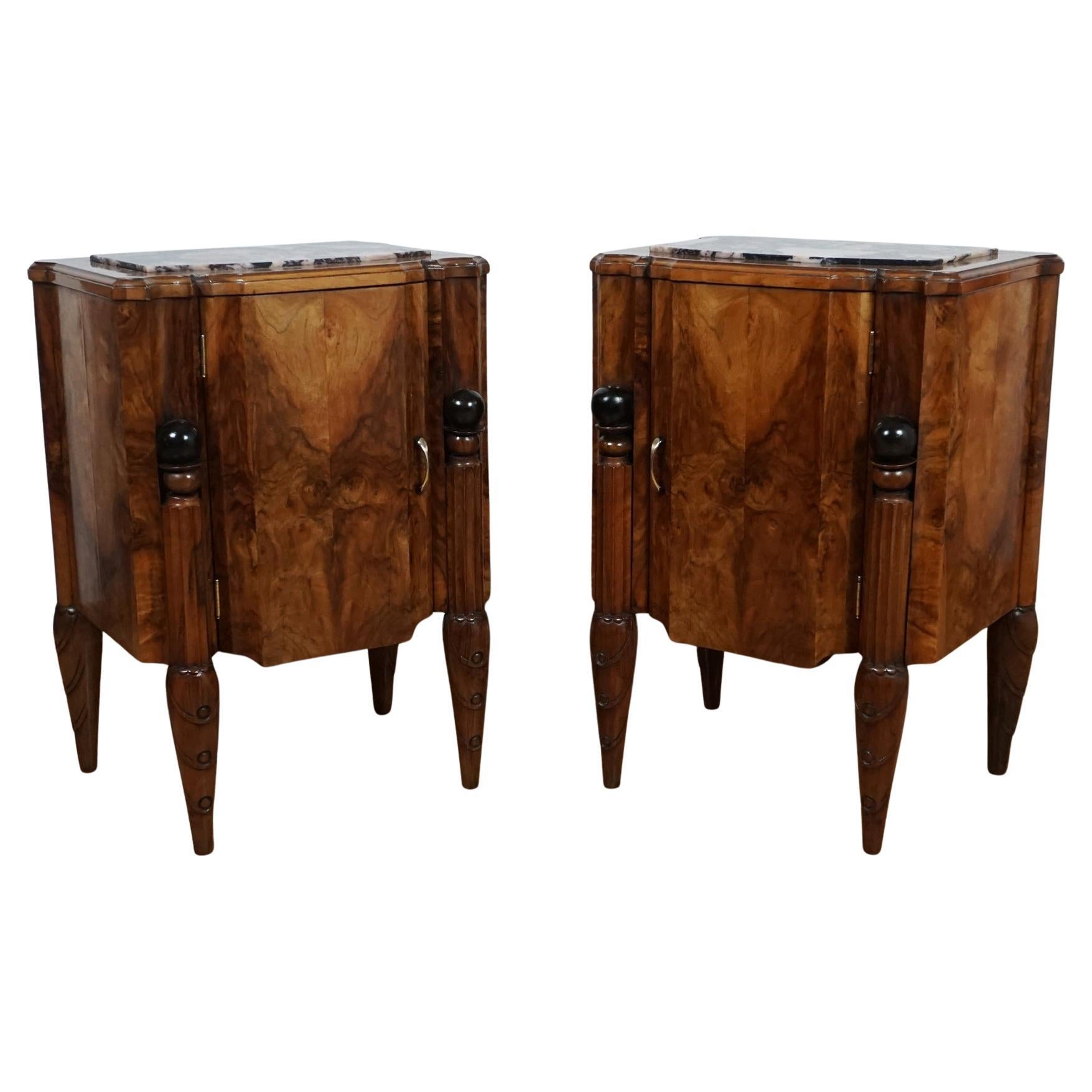 A Pair of Walnut and Marble Art Deco Bedside Tables For Sale