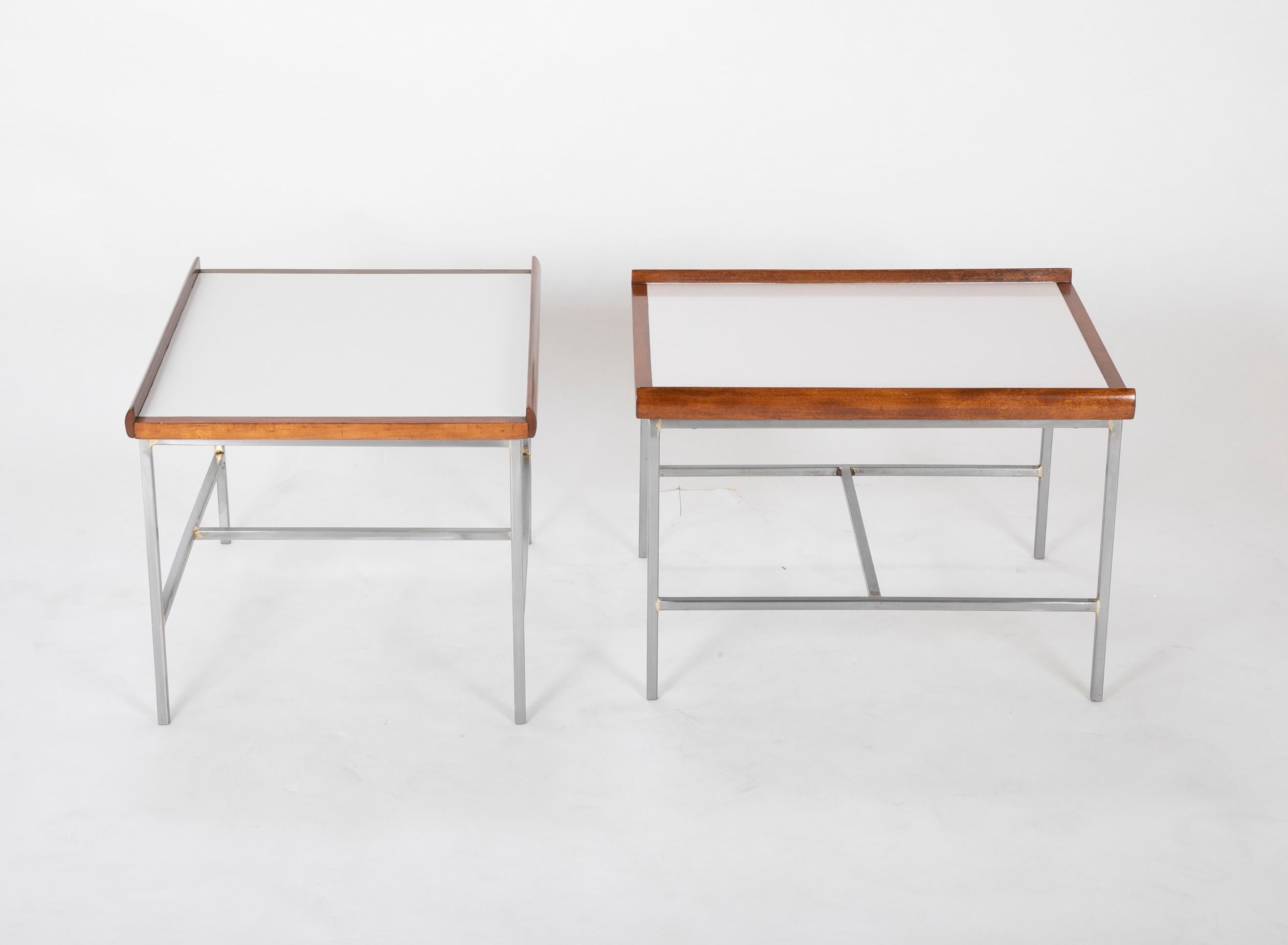 Mid-Century Modern Pair of Walnut and Steel Side Tables in the Manner of Paul McCobb