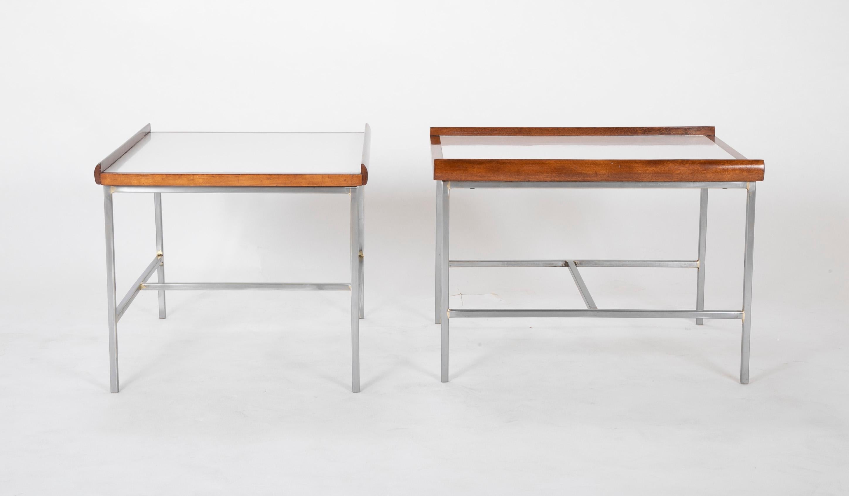 American Pair of Walnut and Steel Side Tables in the Manner of Paul McCobb