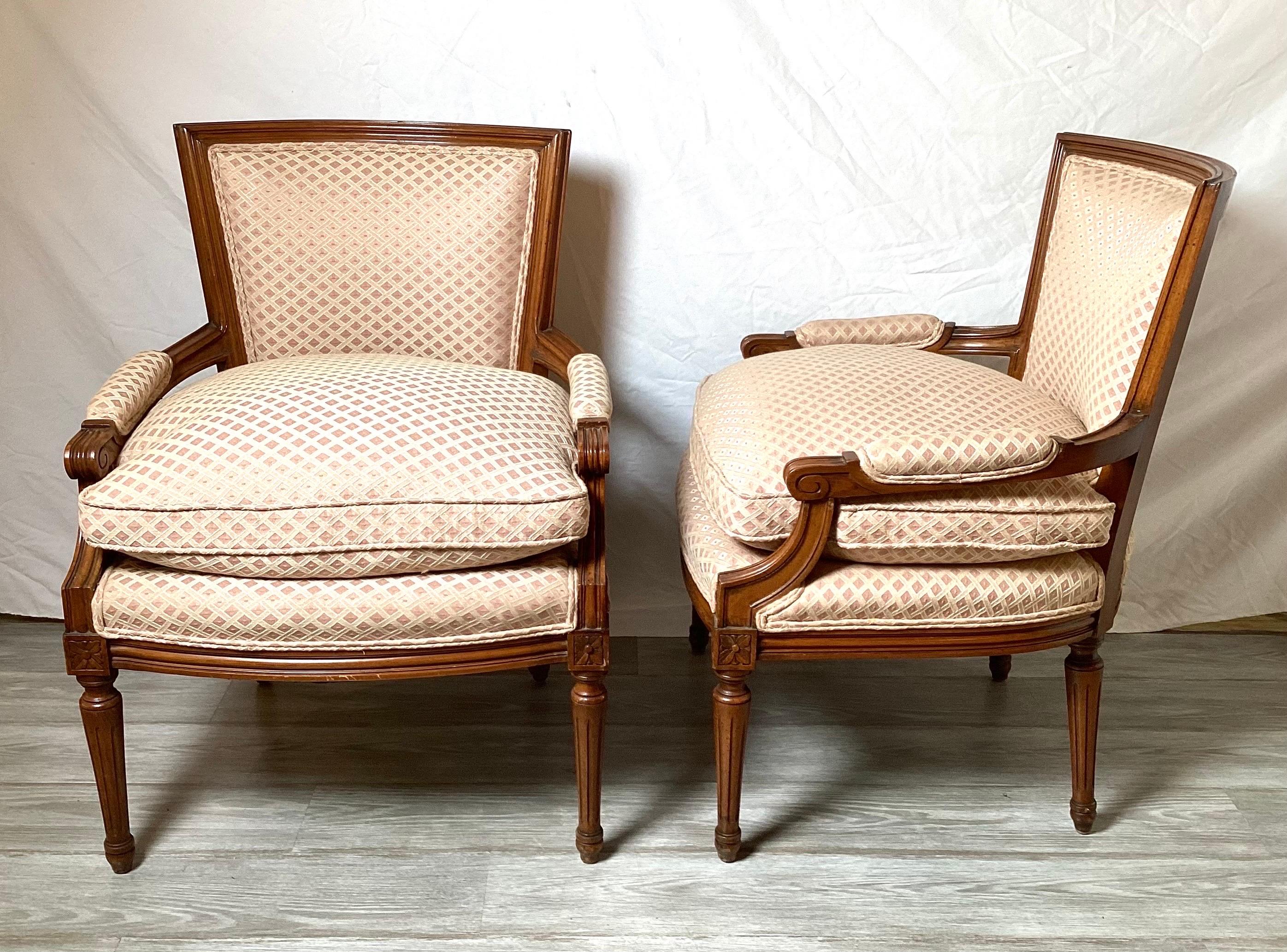 American Pair of Walnut Louis XVI Style Continental Upholstered Chars 