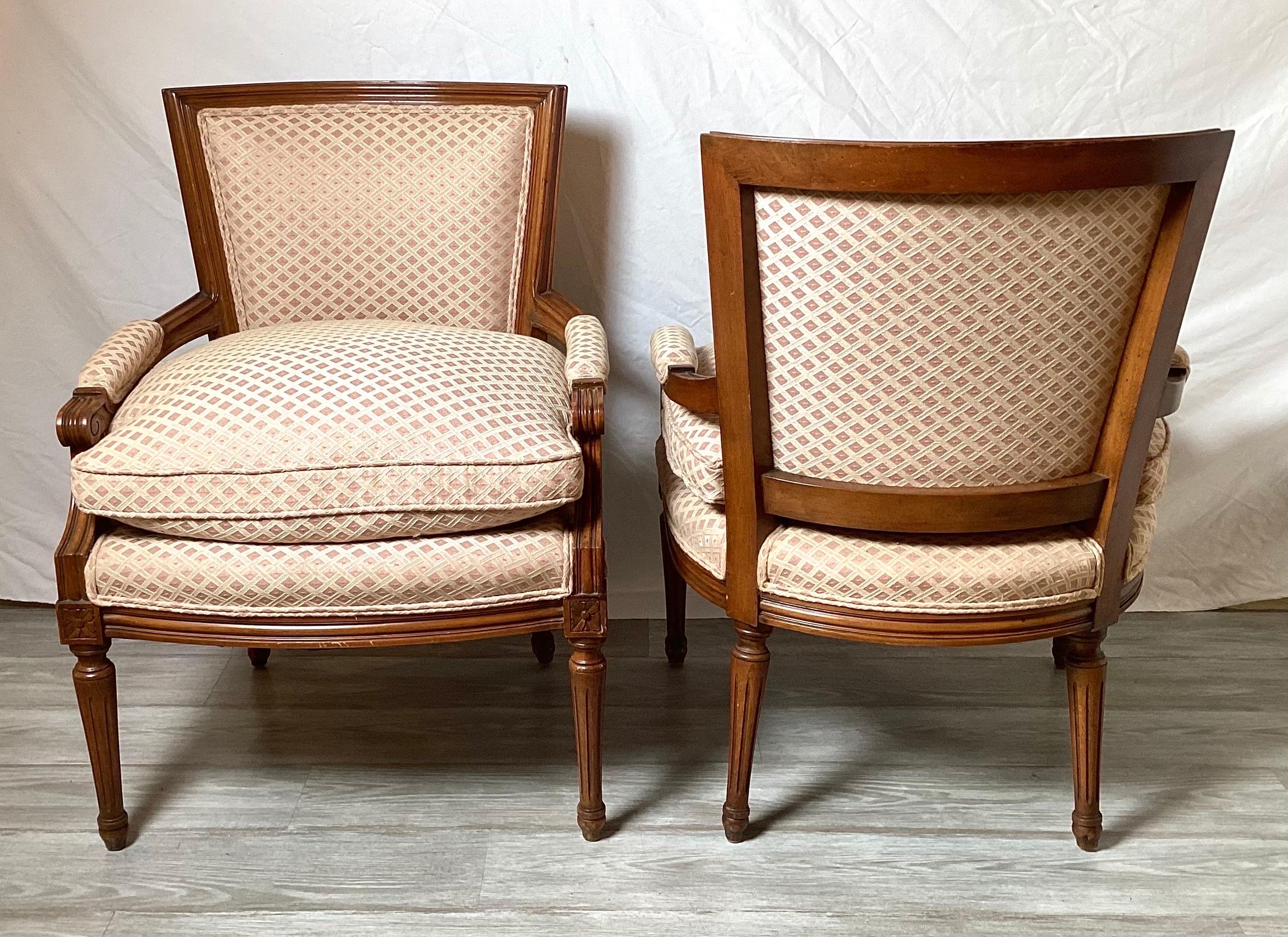 Pair of Walnut Louis XVI Style Continental Upholstered Chars  In Good Condition In Lambertville, NJ
