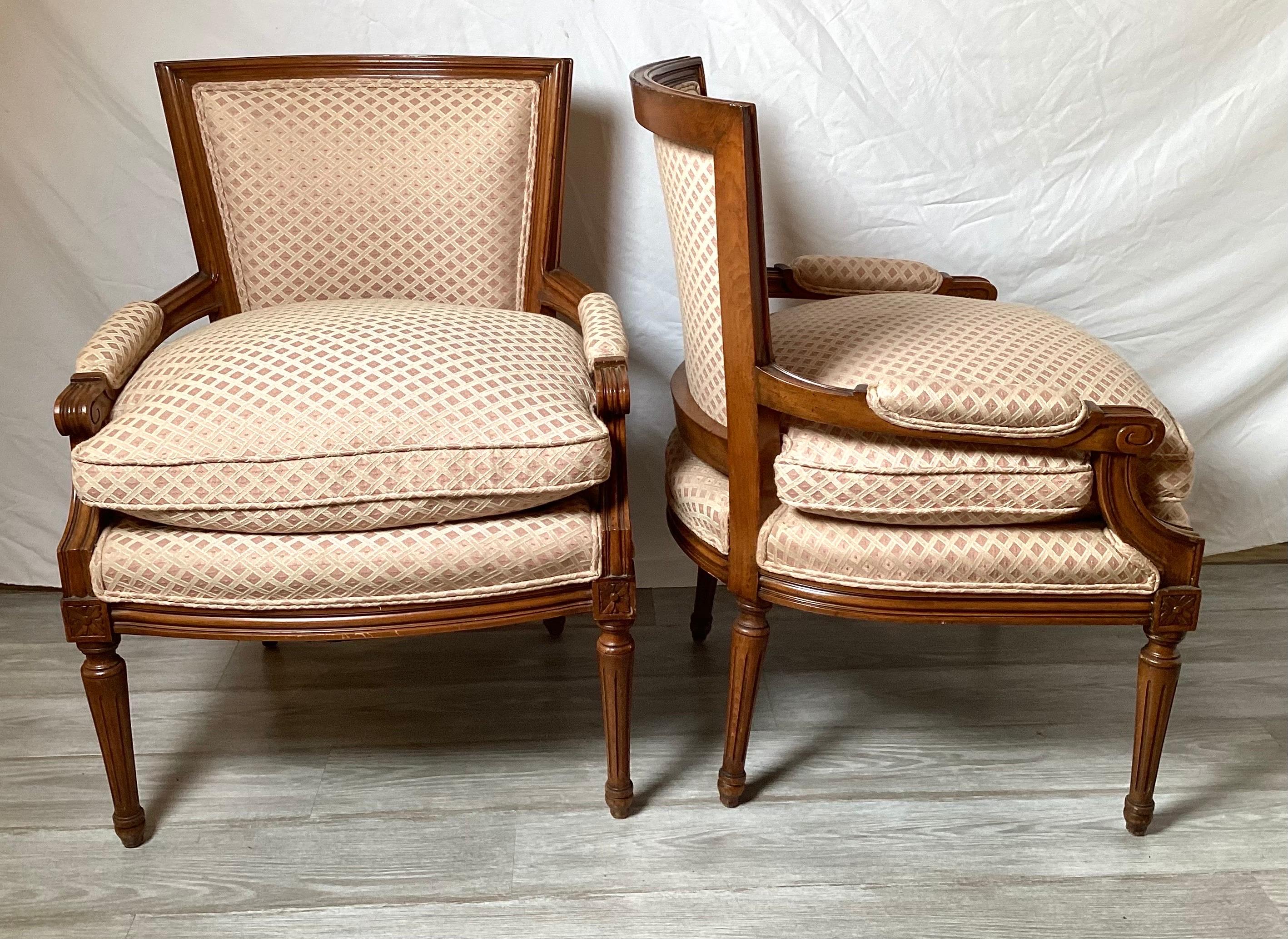 20th Century Pair of Walnut Louis XVI Style Continental Upholstered Chars 