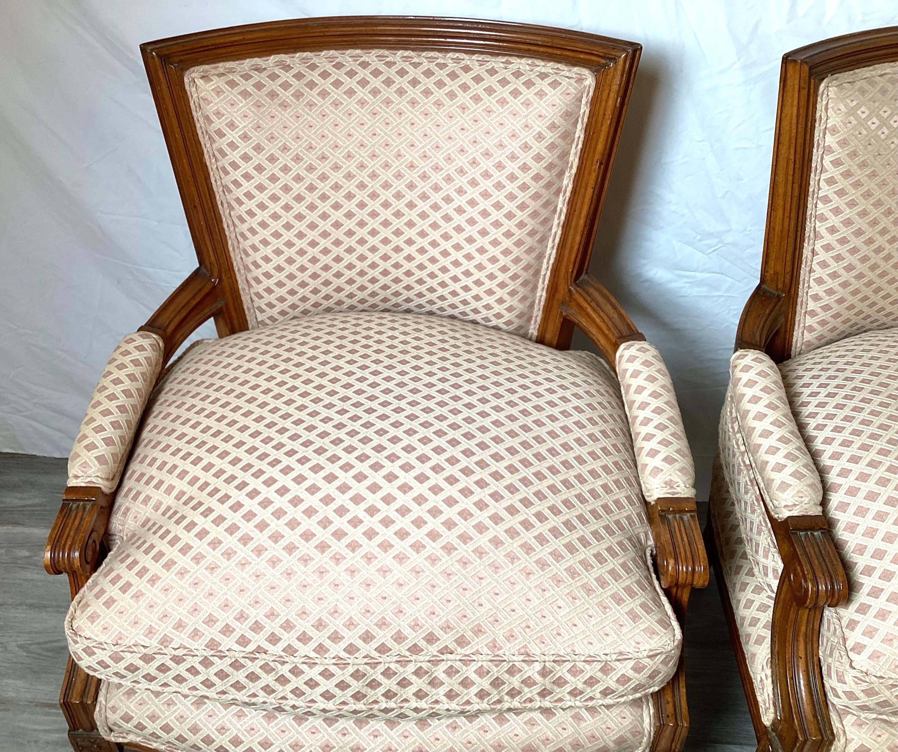 Fabric Pair of Walnut Louis XVI Style Continental Upholstered Chars 