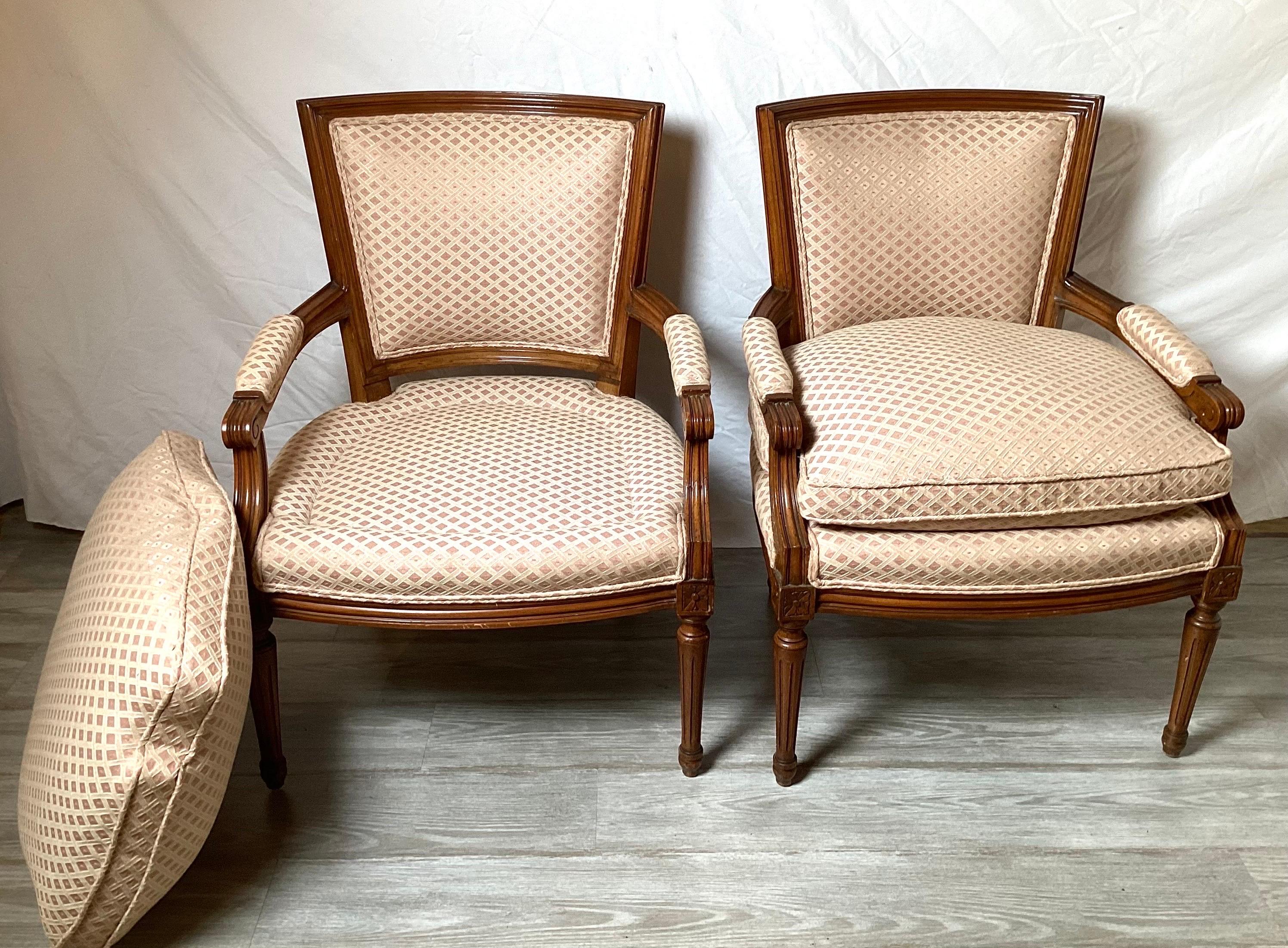 Pair of Walnut Louis XVI Style Continental Upholstered Chars  1