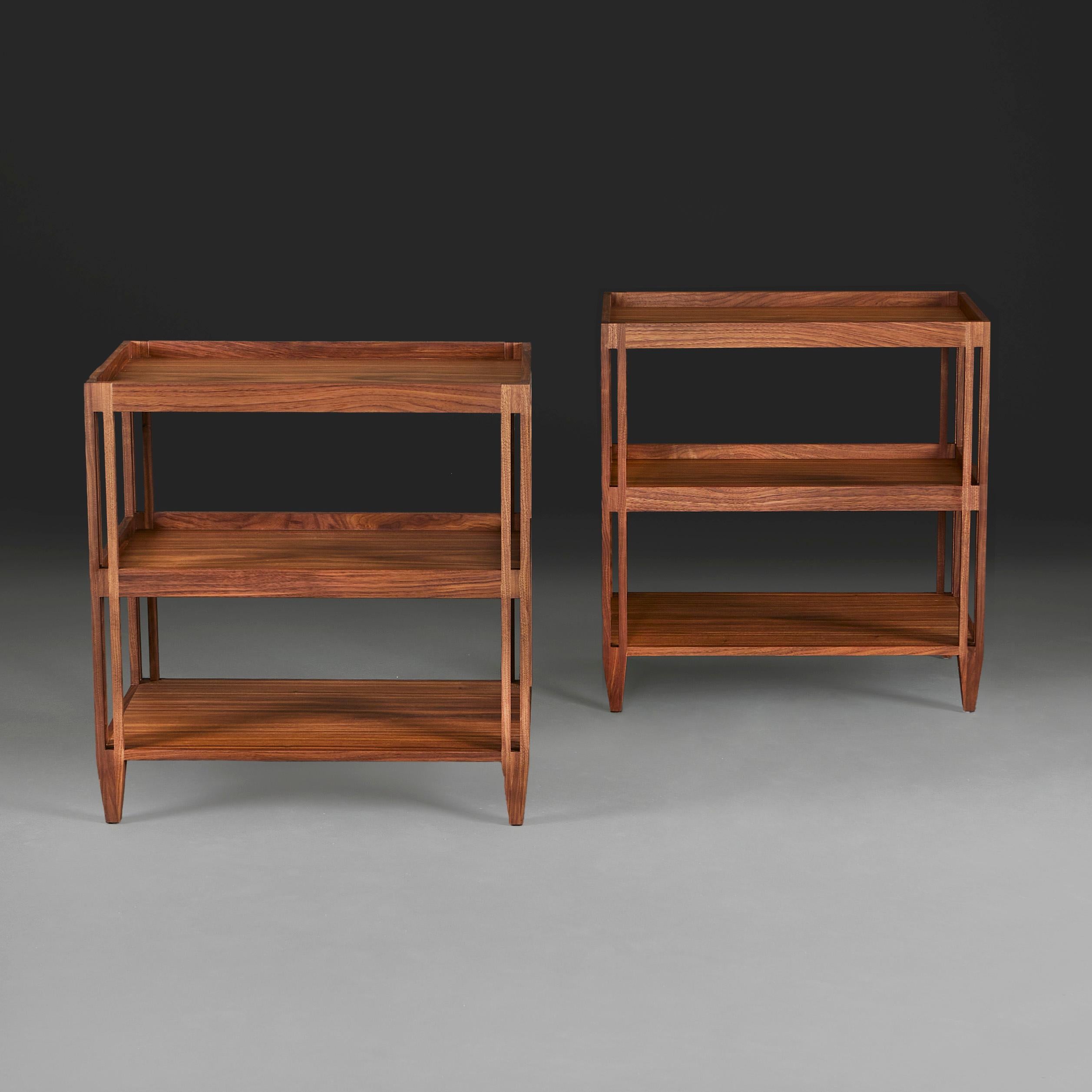 England, made to order

A pair of solid walnut three tier etageres, with pierced legs, the upper two levels with walnut galleries. Please note these can be made to specific dimensions.