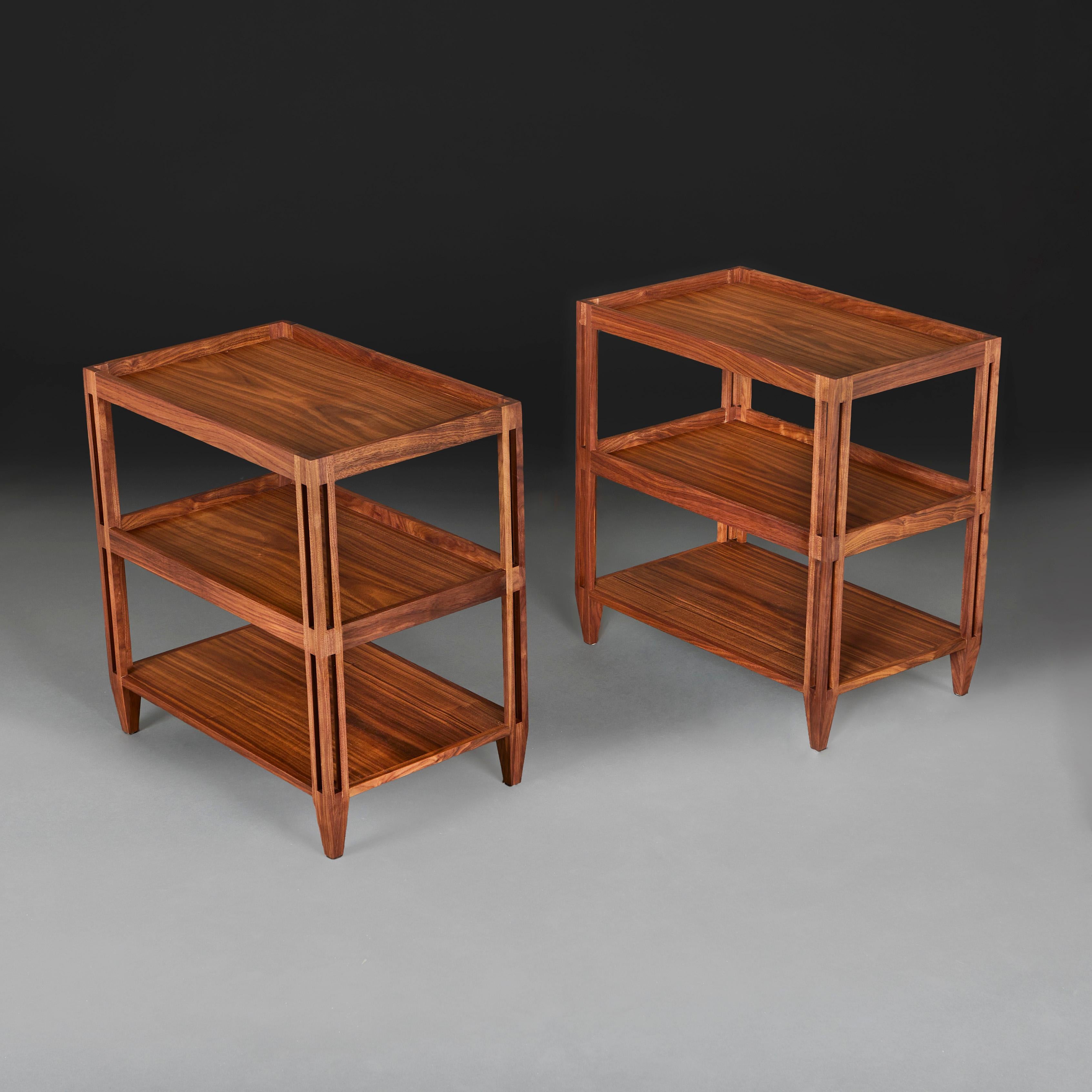 English A Pair of Walnut Three Tier Etageres with Pierced Legs For Sale