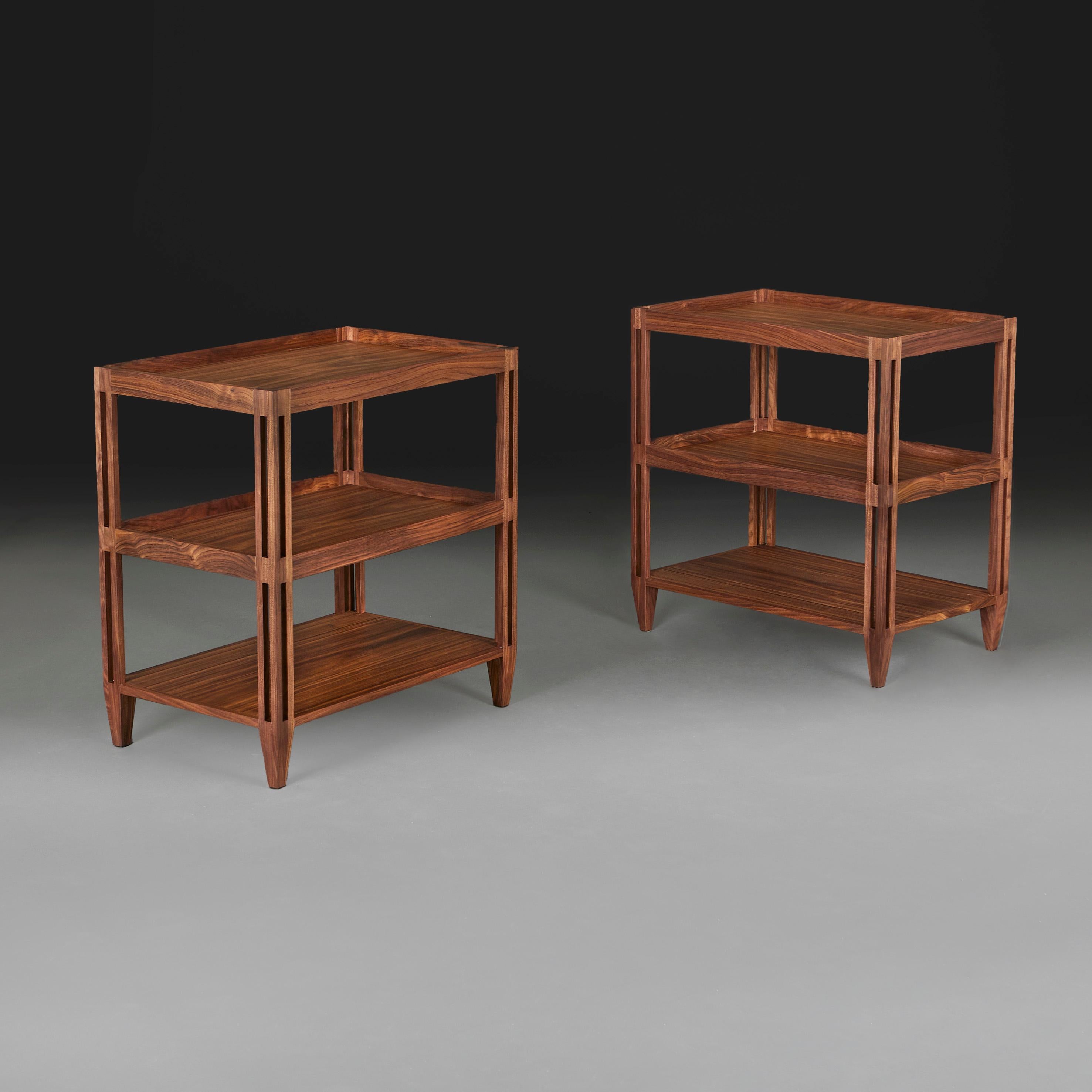 Contemporary A Pair of Walnut Three Tier Etageres with Pierced Legs For Sale