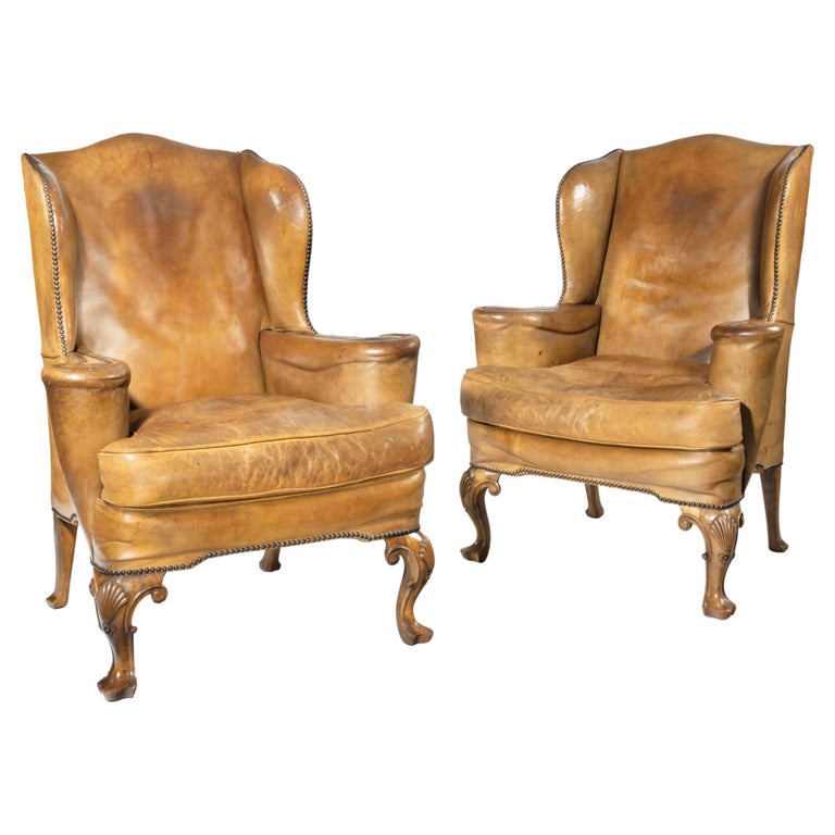 Pair of Walnut Wing Armchairs in the Queen Anne Style For Sale at
