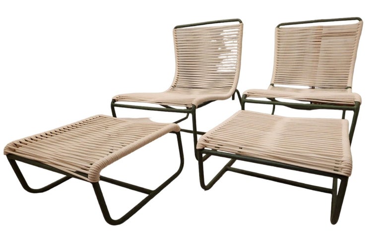 Mid-Century Modern A Pair of Walter Lamb Sleigh Chairs and Ottomans for Brown Jordan c. 1960  For Sale