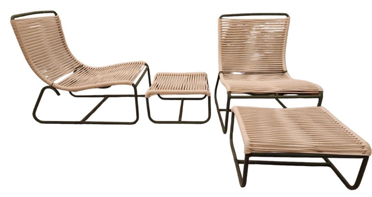American A Pair of Walter Lamb Sleigh Chairs and Ottomans for Brown Jordan c. 1960  For Sale