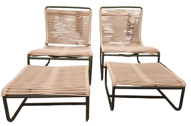 Hand-Crafted A Pair of Walter Lamb Sleigh Chairs and Ottomans for Brown Jordan c. 1960  For Sale