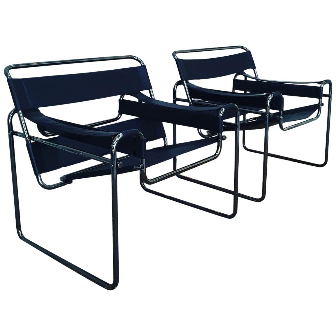 Pair of Wassily Chairs with Anodised Black Frames, Italy, 1980s