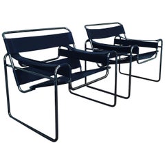 Vintage Pair of Wassily Chairs with Anodised Black Frames, Italy, 1980s