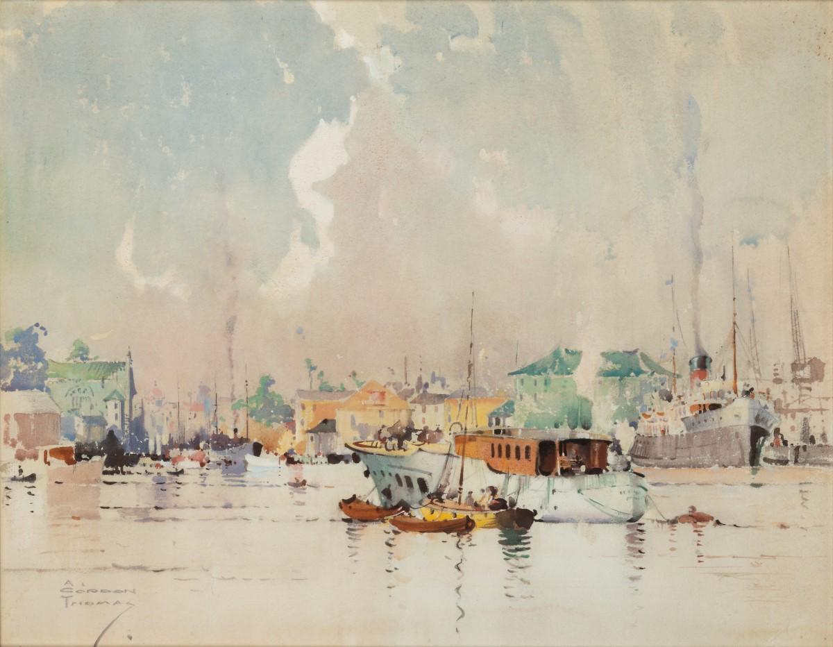 A pair of watercolours by (Albert) Gordon Thomas R.S.W ( 1893-1970), one titled ‘Summer Afternoon Weymouth’showing a gentleman’s motor yacht in the foreground and the other ‘Yachts at Weymouth’, with a ketch in the foreground and a column of smoke