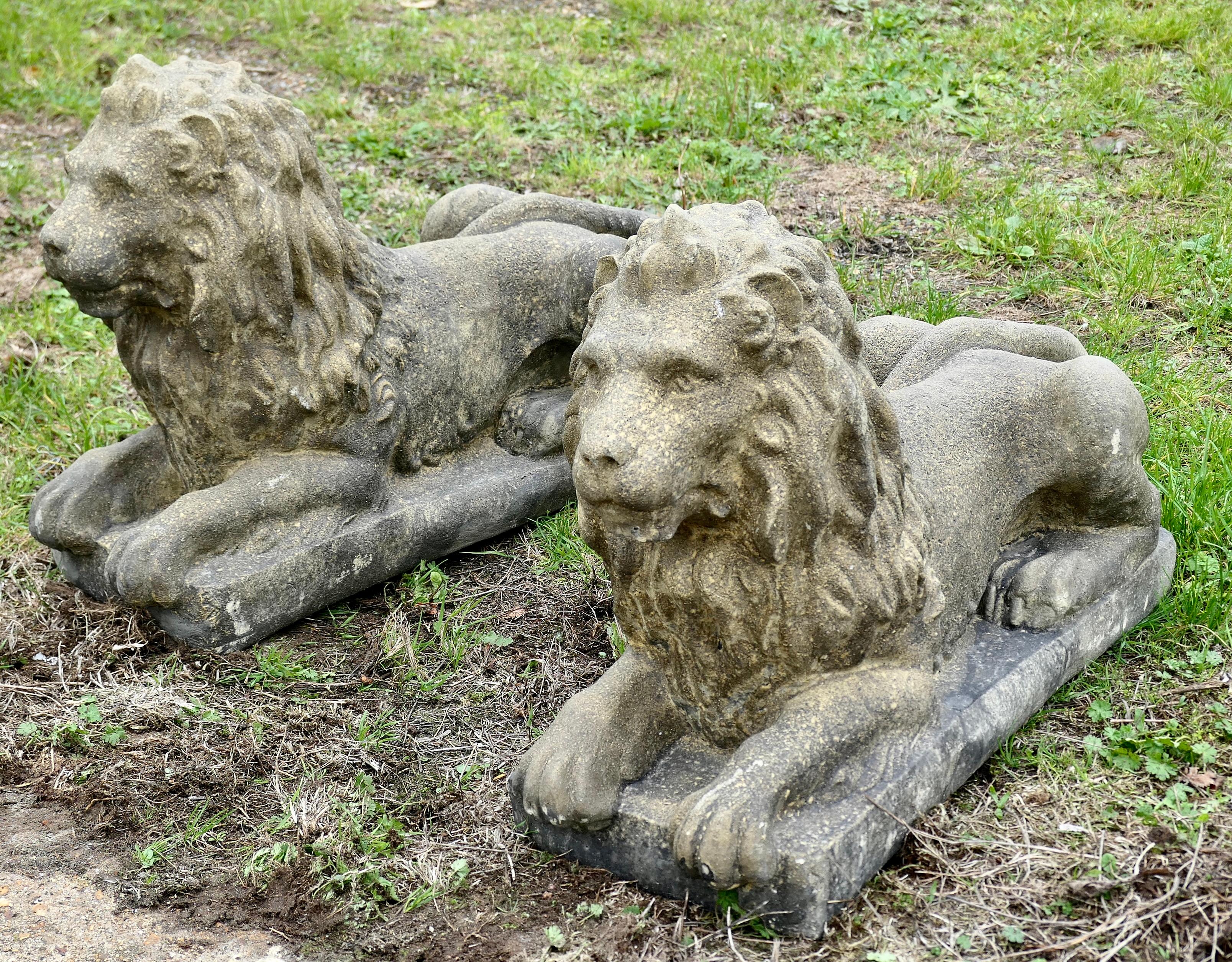 Una coppia di leoni guardiani esposti alle intemperie   I Leoni sono completamente scolpiti a tutto tondo In condizioni buone in vendita a Godshill, Isle of Wight