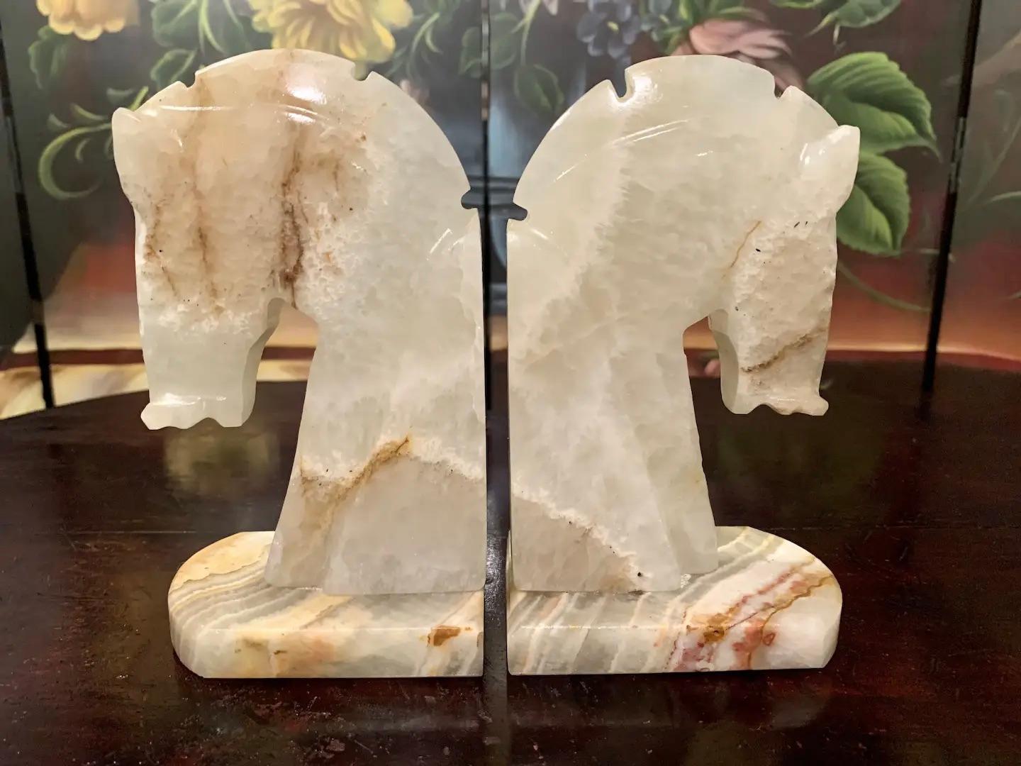 Hand-Crafted A Pair of White Agate Horse Figurehead Bookends For Sale
