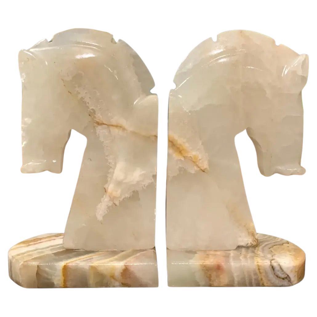 A Pair of White Agate Horse Figurehead Bookends For Sale