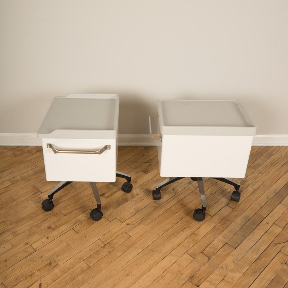 Plastic Pair of White and Blue Two Drawers Side Cabinets on Rolling Base, circa 1970s. For Sale