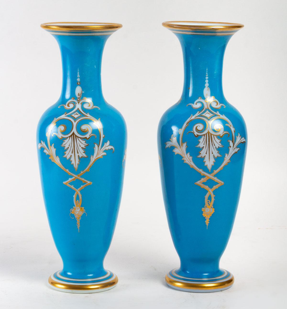 European Pair of White and Sky Blue Opaline Vases For Sale