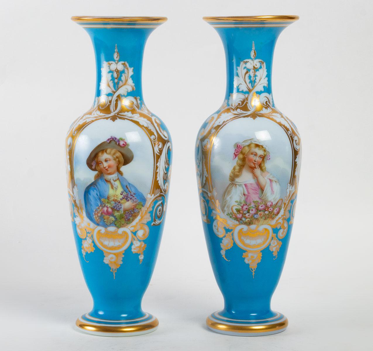 Pair of White and Sky Blue Opaline Vases For Sale 1