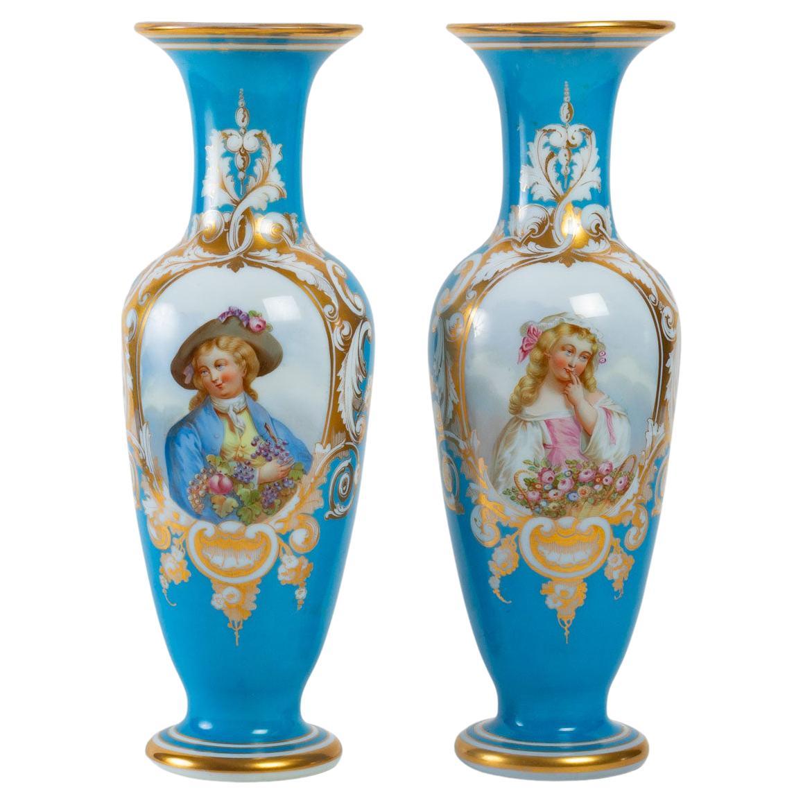 Pair of White and Sky Blue Opaline Vases For Sale