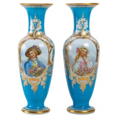 Pair of White and Sky Blue Opaline Vases
