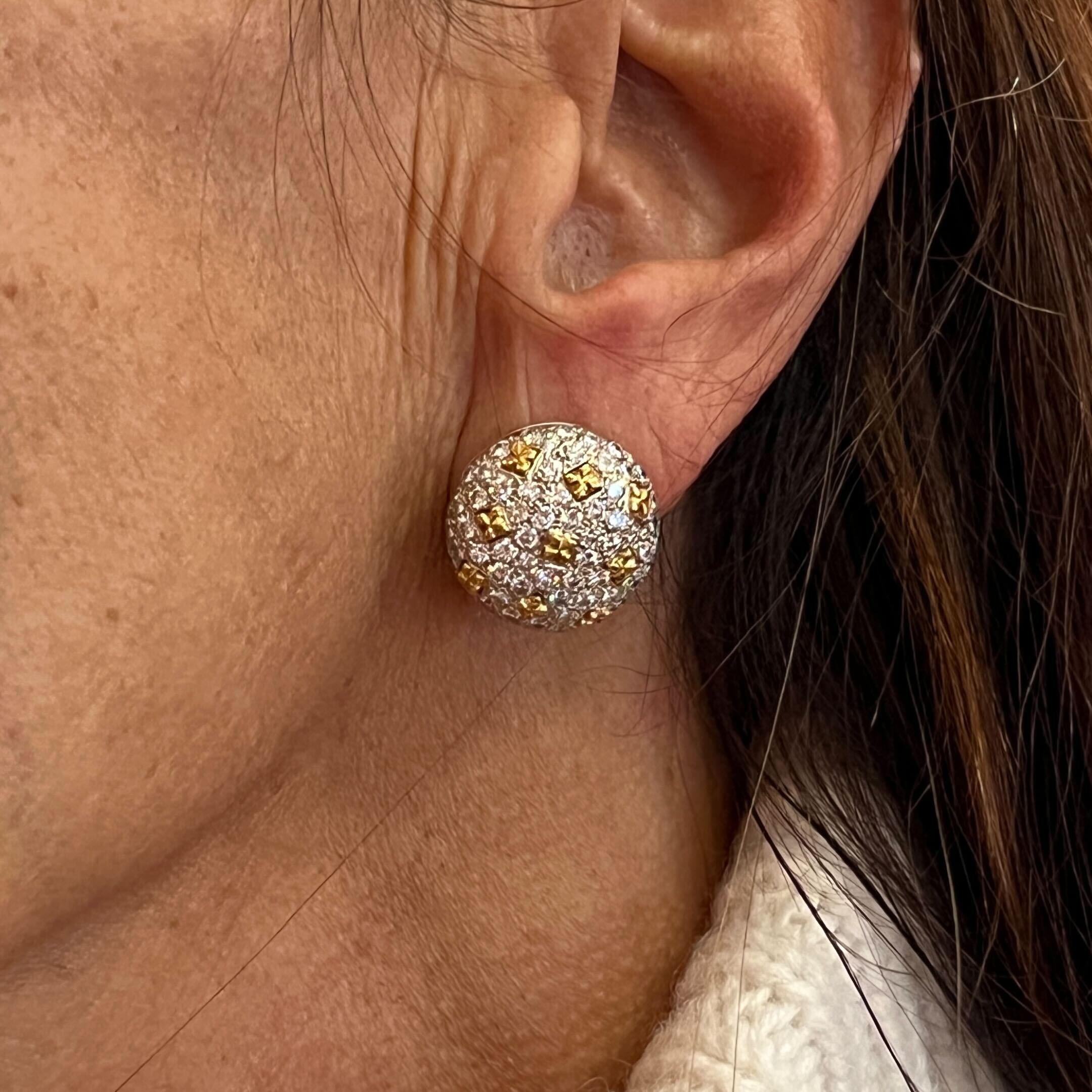 A Pair of White and Yellow Gold and Diamond Bombe' Button Earrings In Excellent Condition For Sale In New York, NY