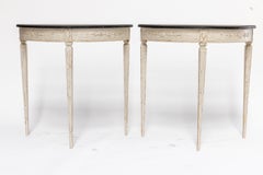 A Pair of White & Black Swedish Gustavian Style Demilune Console Tables