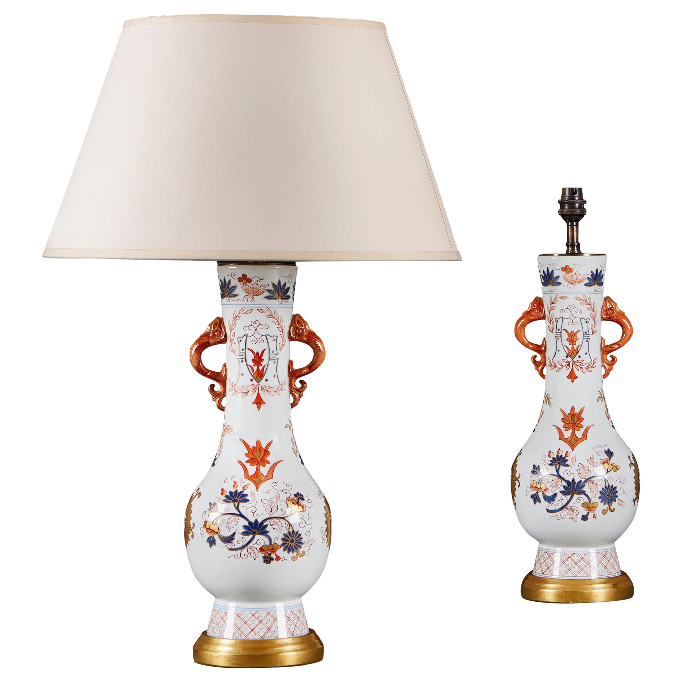A Pair of White, Blue and Gold Samson Vases as Table Lamps