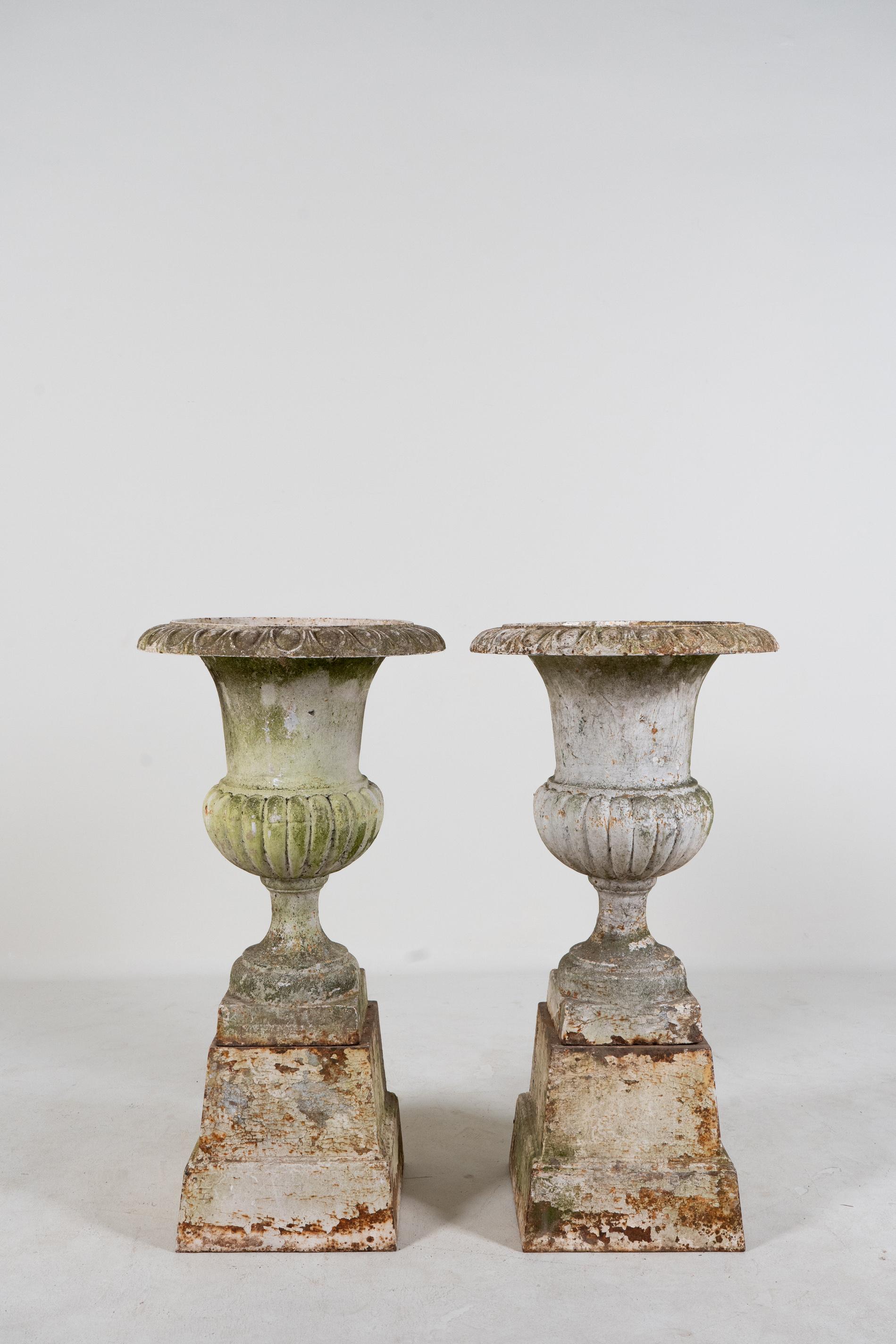 A Pair of White Cast Iron Urns with Bases, France c.1900 For Sale 10