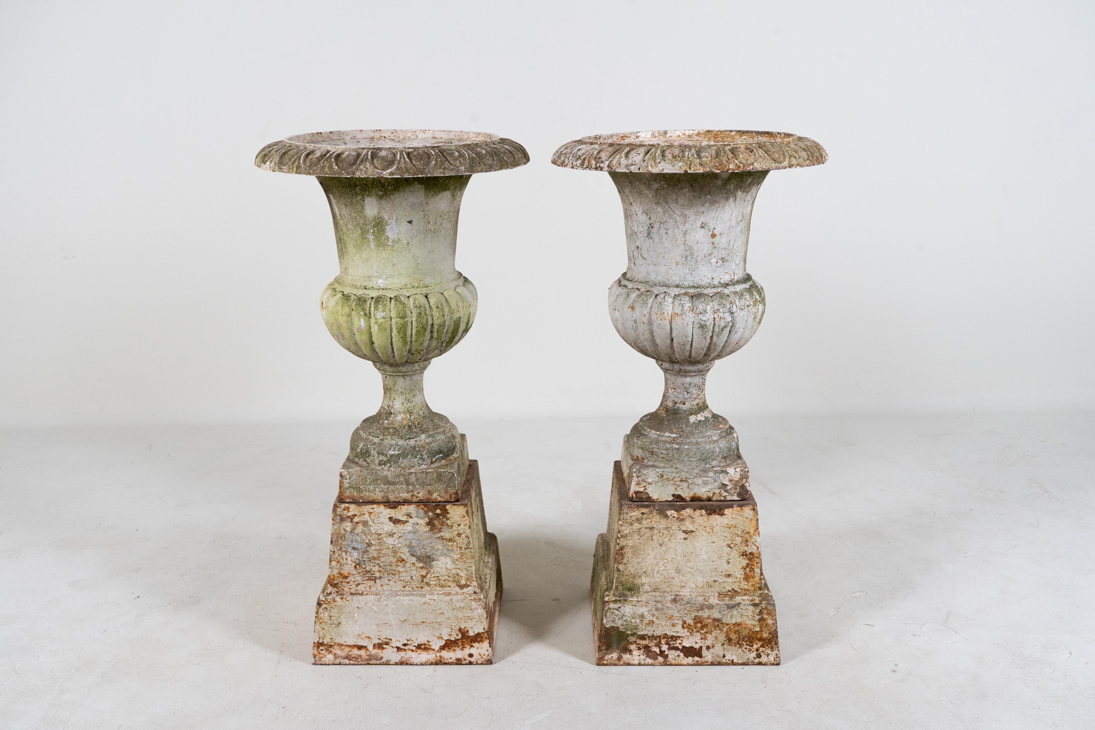 A superb pair of antique French cast iron garden urn planters circa 1880. These elegant campana jardinieres are the quintessential classic French garden urns. Originally used outdoors, these can be used indoors as dramatic accessories to traditional