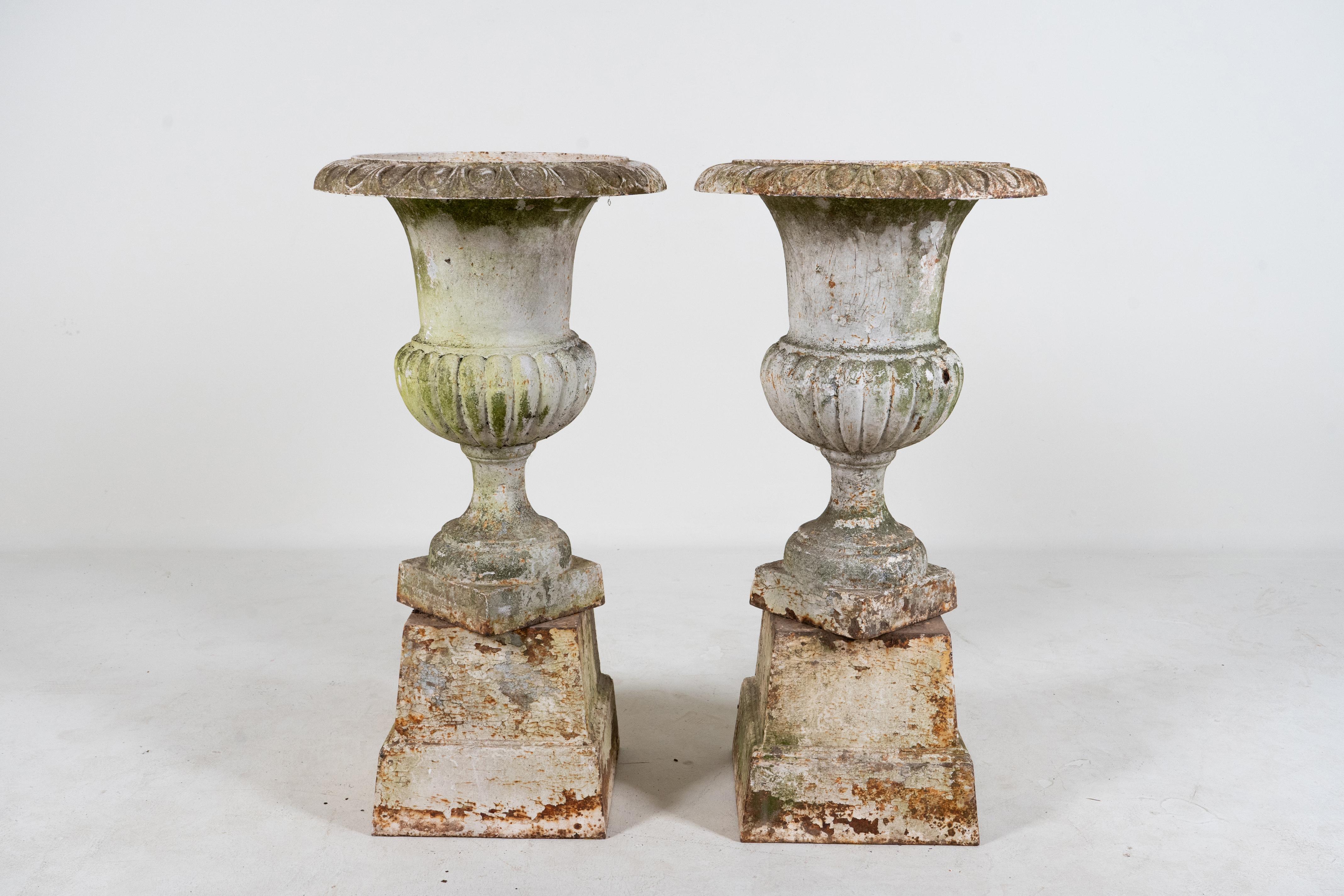 French A Pair of White Cast Iron Urns with Bases, France c.1900 For Sale