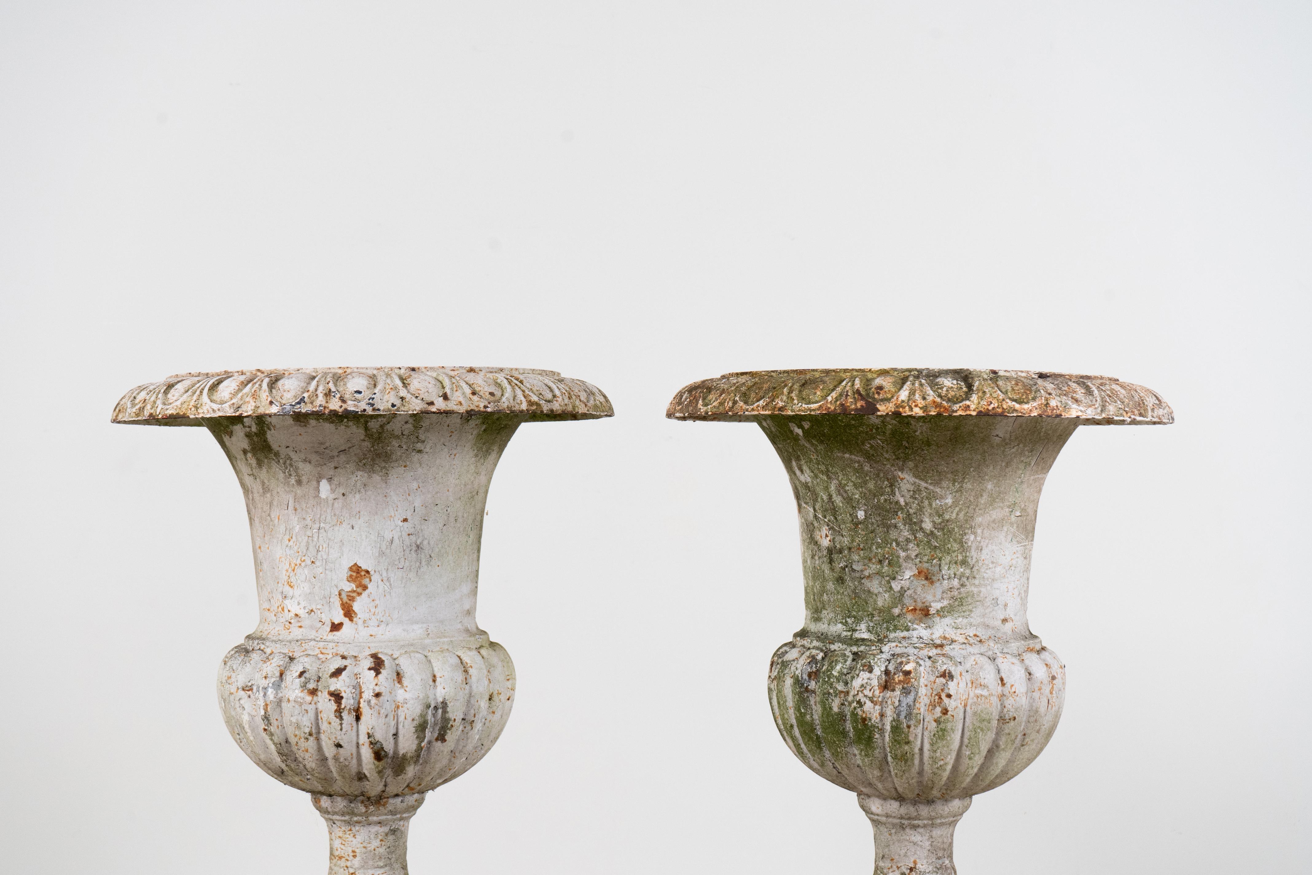 20th Century A Pair of White Cast Iron Urns with Bases, France c.1900 For Sale
