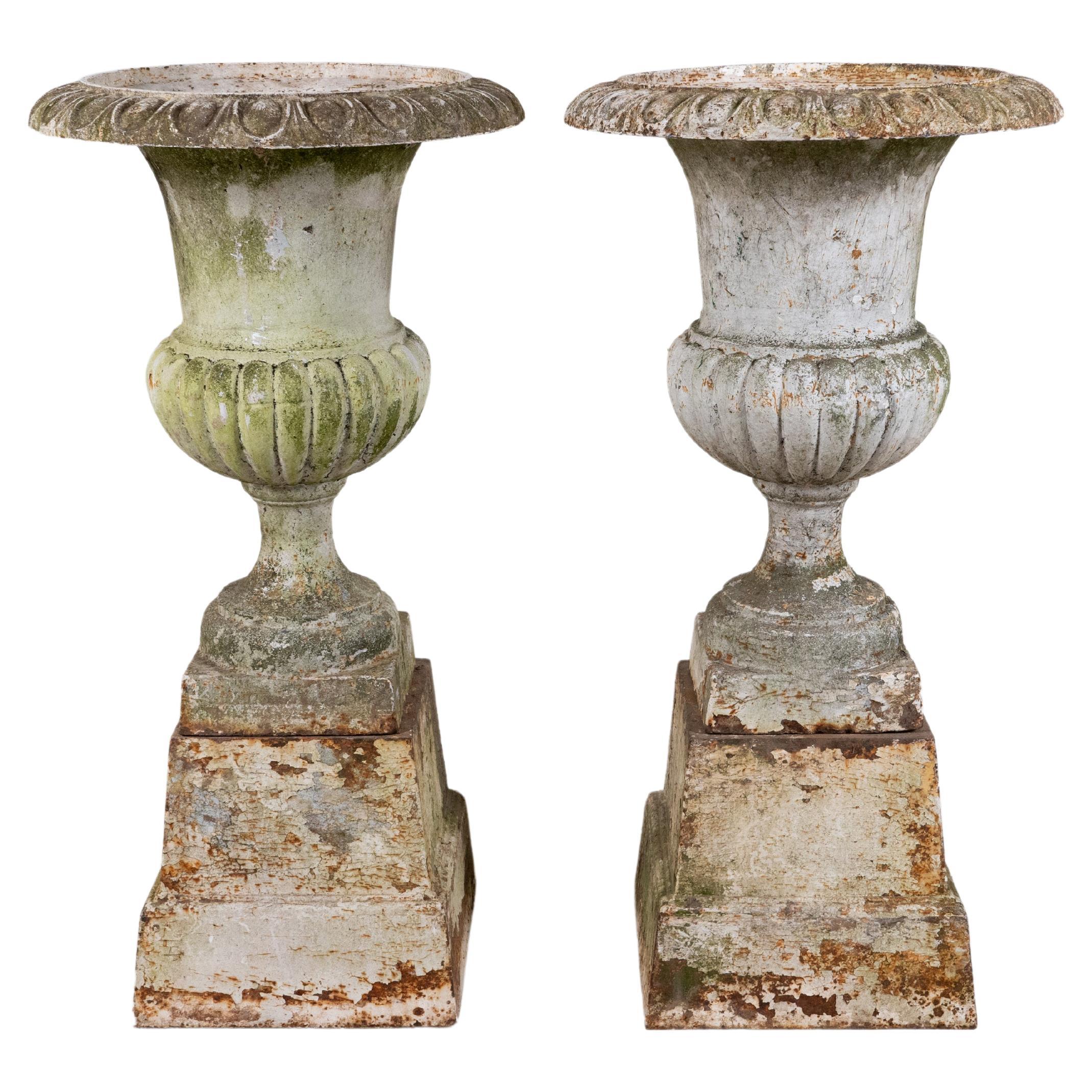 A Pair of White Cast Iron Urns with Bases, France c.1900 For Sale