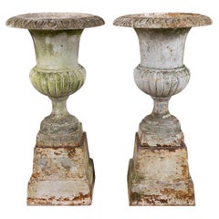 Used A Pair of White Cast Iron Urns with Bases, France c.1900