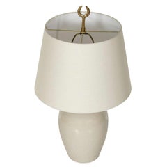A Pair of White Ceramic Crackle Lamps with Linen Shades