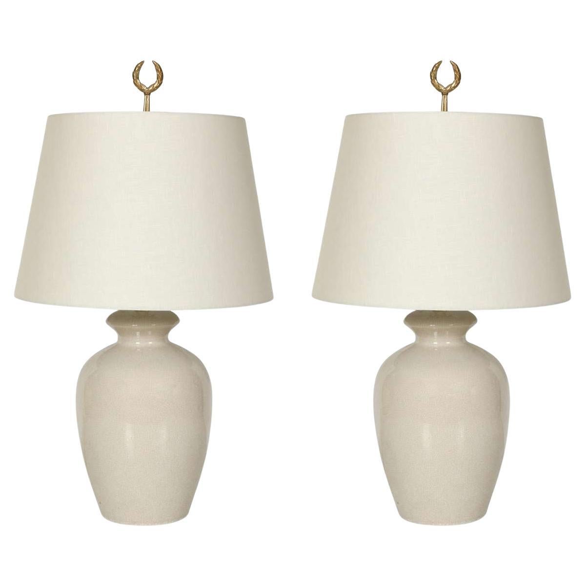 A Pair of White Ceramic Crackle Lamps with Linen Shades For Sale