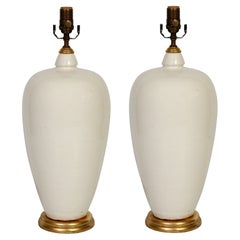 Pair of White Ceramic Lamps with Gold Base