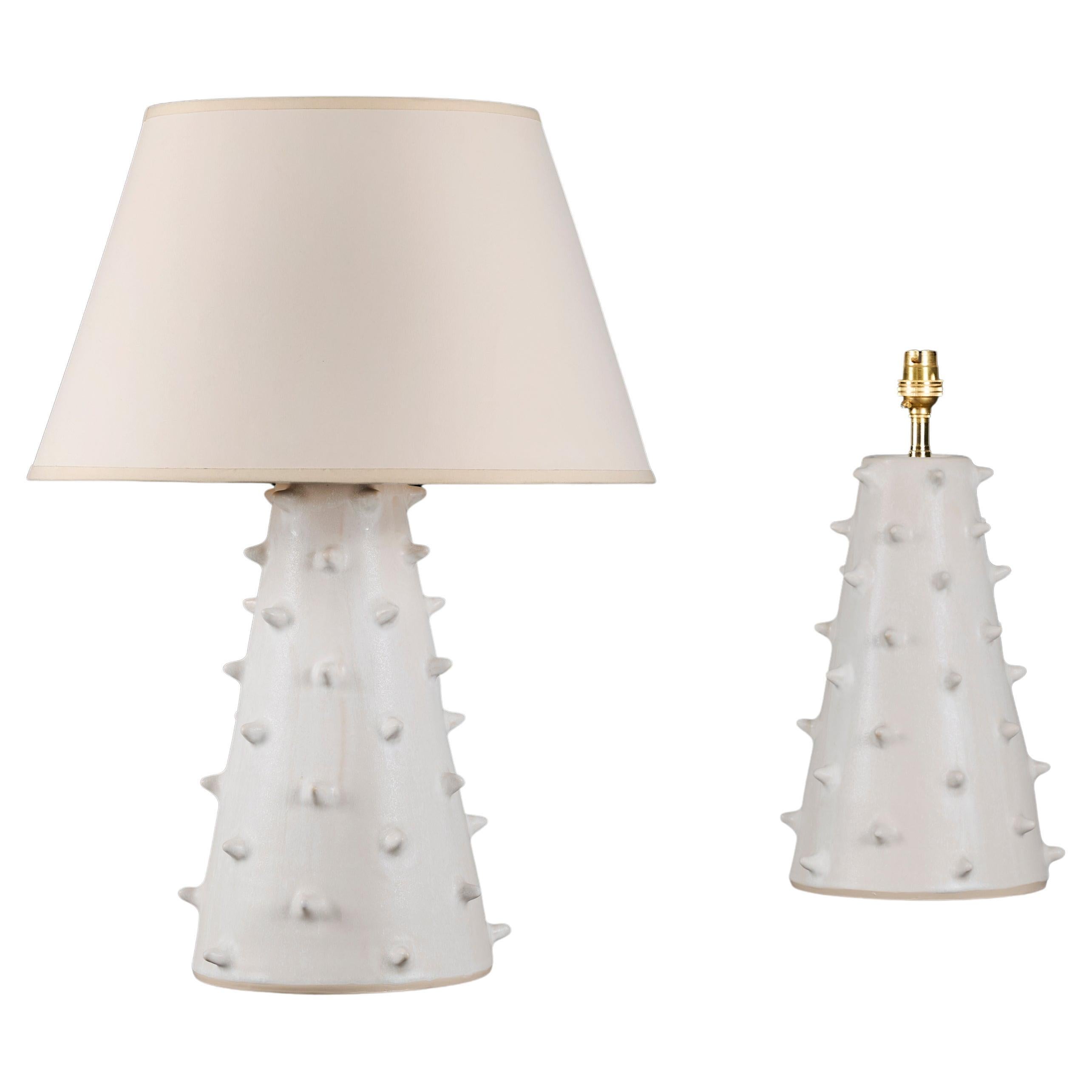 A Pair of White Glazed Spikey Art Pottery Lamps For Sale